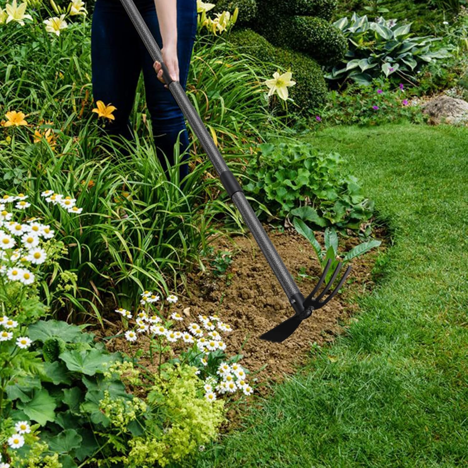 Zappa da giardino 76 cm 2 in 1 Binette Trident Strumento da giardino con manico lungo regolabile, multifunzionale zappa per giardinaggio, piantagione di erbacce allentamento del suolo