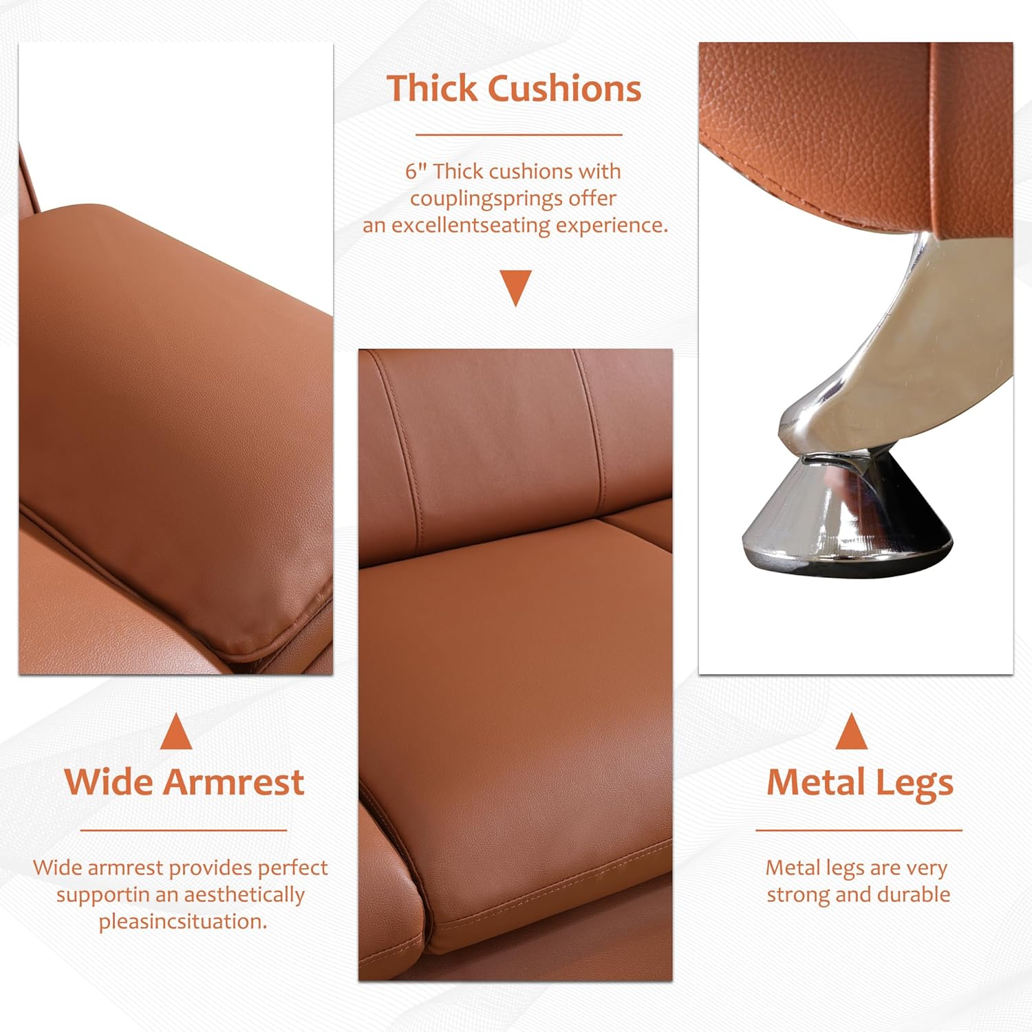 3 Piece Modern Living Room Couch Set, Orange Faux Leather Sofa Set (Sofa+Loveseat+Chair)