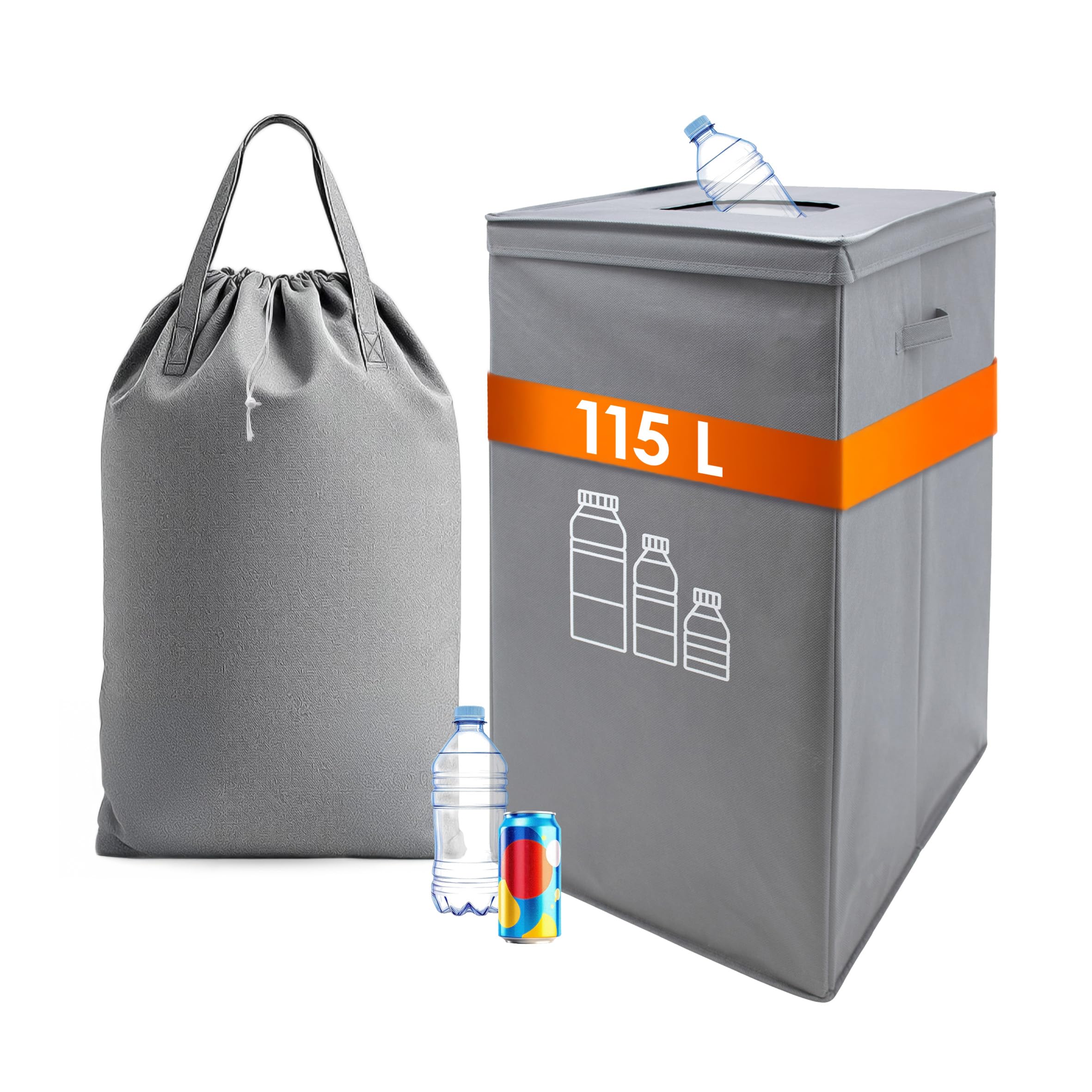 Spetebo Pfandflaschen Sammelbehälter mit entnehmbarer Tragetasche - 115 L | Pfandflaschensammler mit Deckel und Griffen, Flaschensammler Flaschenbehälter Getränkedosen Pfandsammler für 30-45 Flaschen