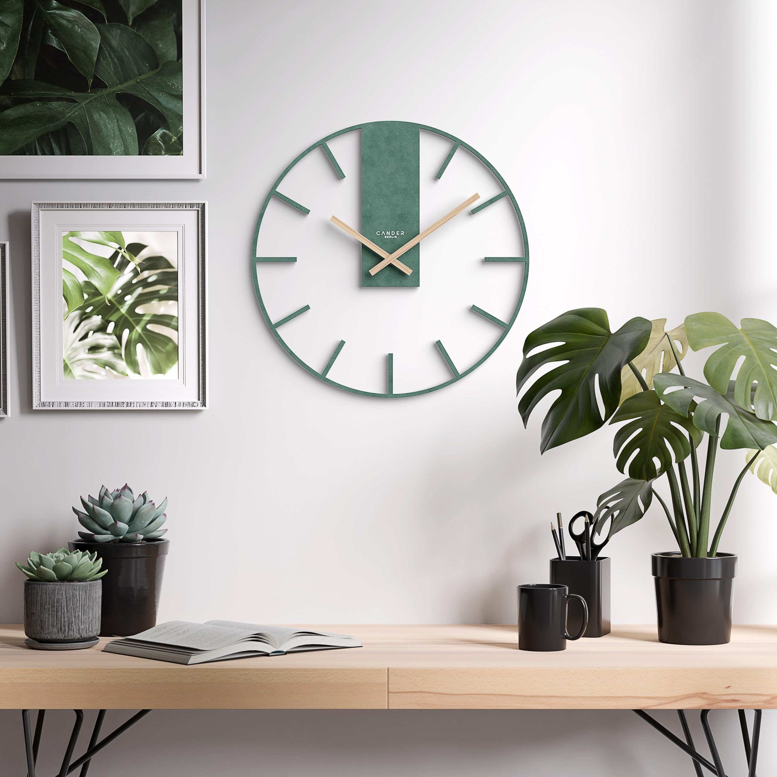 Cander Berlin JUVIRA XXL Vintage Wanduhr lautlos 40 cm MDF Holz-Zeiger ohne Tickgeräusche groß modern grün Wohnzimmer Küche