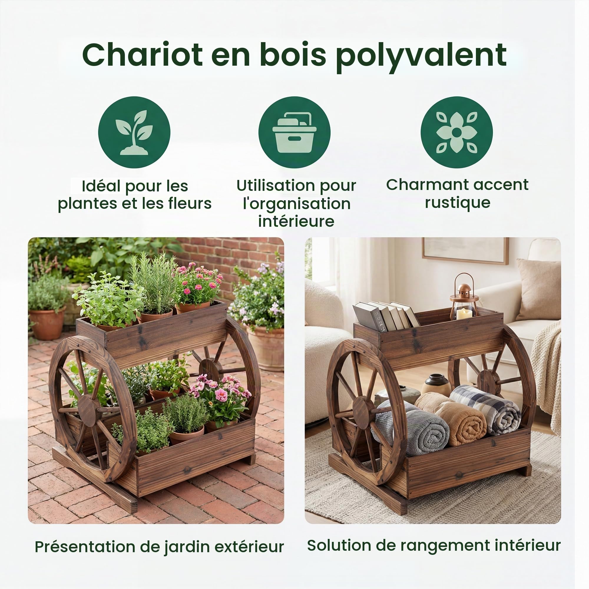 HOMASIS Jardinière Surélevée à 2/3 Niveaux en Bois, Bacs à Fleurs en Forme de Chariot avec roulettes, Trous de Drainage et Gants, pour Jardin, Balcon, Terrasse, Marron (61,5 x 55 x 59 cm)