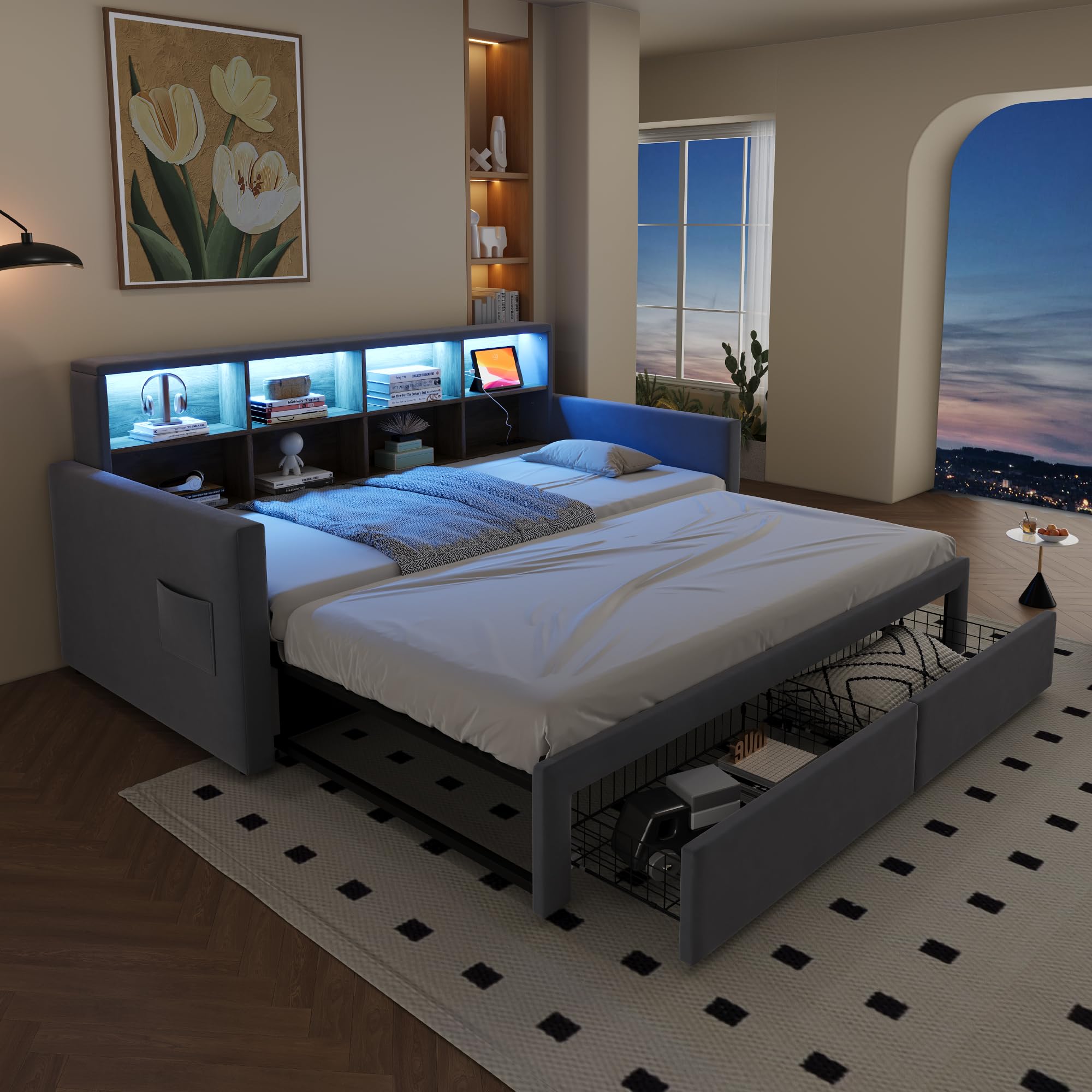 Cama Nido 180x190 con Cabecero Acolchado Sofá Cama con Almacenamiento Integrado Double Bed con 21 Lamas Carga Máxima 300 Kg Medidas Largo 204 Ancho 104 Alto 96 Cm con 2 Cajones Estudio