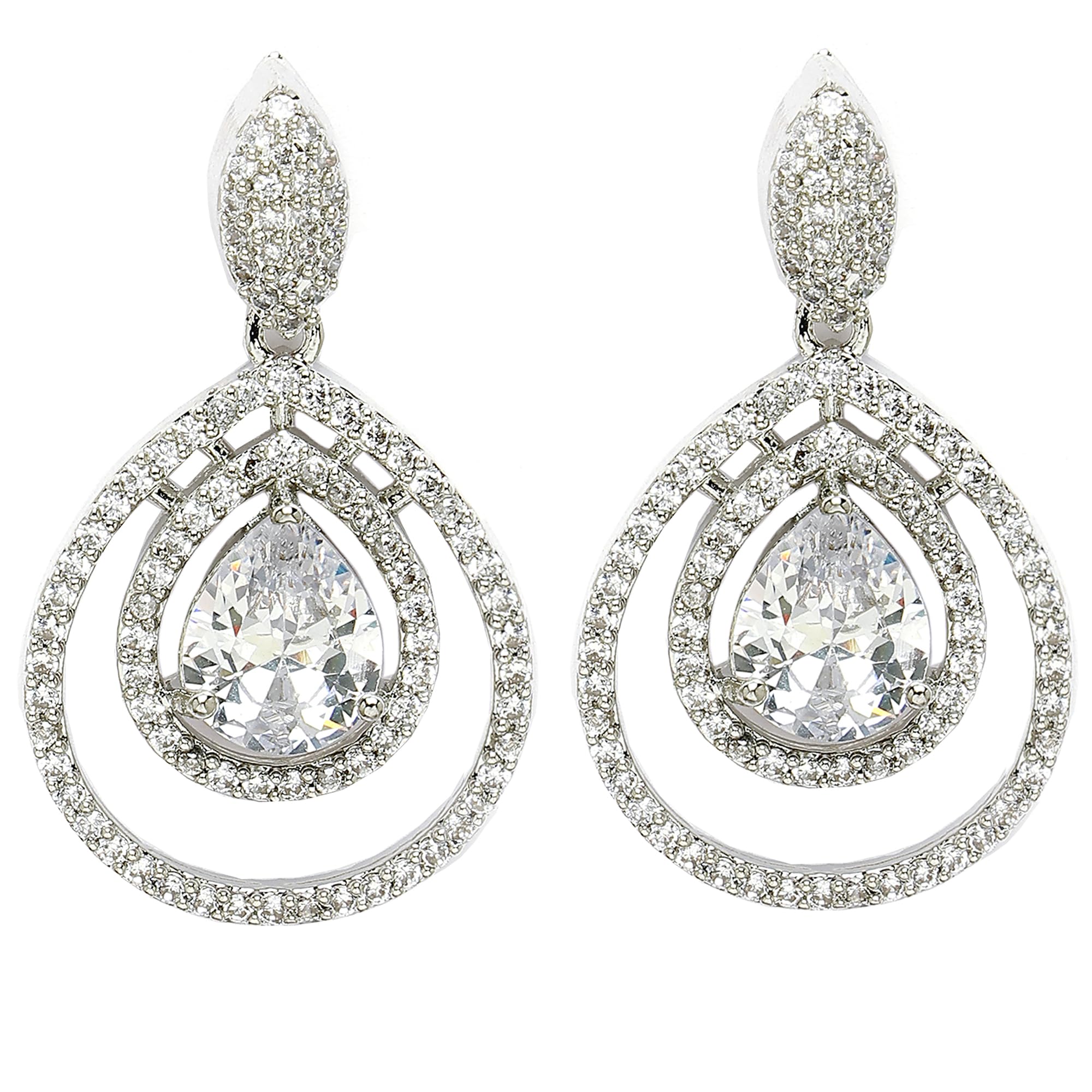 zeneme Rhodium Plated Silver Toned American Diamond Crystal Lastest Fancy Dangle Dual Tear Drop Fancy Earring For Women & Gift For Girl-picture-39