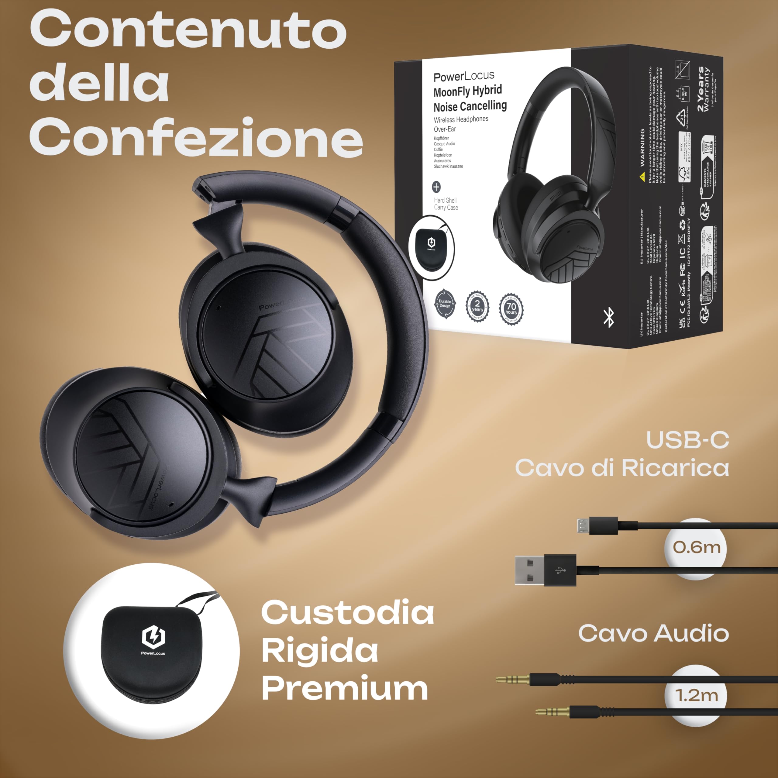 PowerLocus Cuffie Wireless Cancellazione Rumore Attiva Ibrida, Cuffie Bluetooth Over Ear, 70 Ore di Riproduzione, Bass Modi, Hi-Fi Stereo, Pieghevoli e Modalità Trasparenza, con Custodia (Nero)