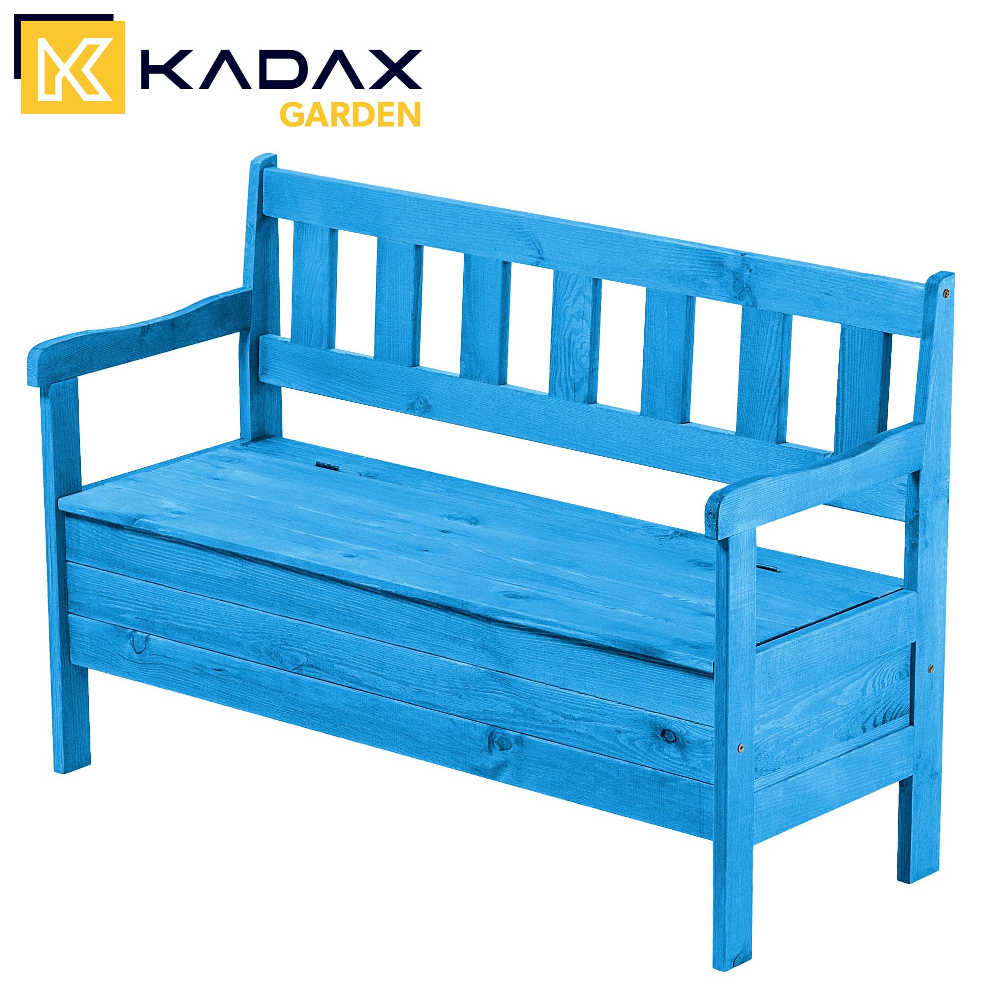 KADAX Panchina da giardino, 119 x 43 x 75 cm, cassapanca in legno con vano portaoggetti e schienale, resistente alle intemperie, per giardino, balcone (Blu)