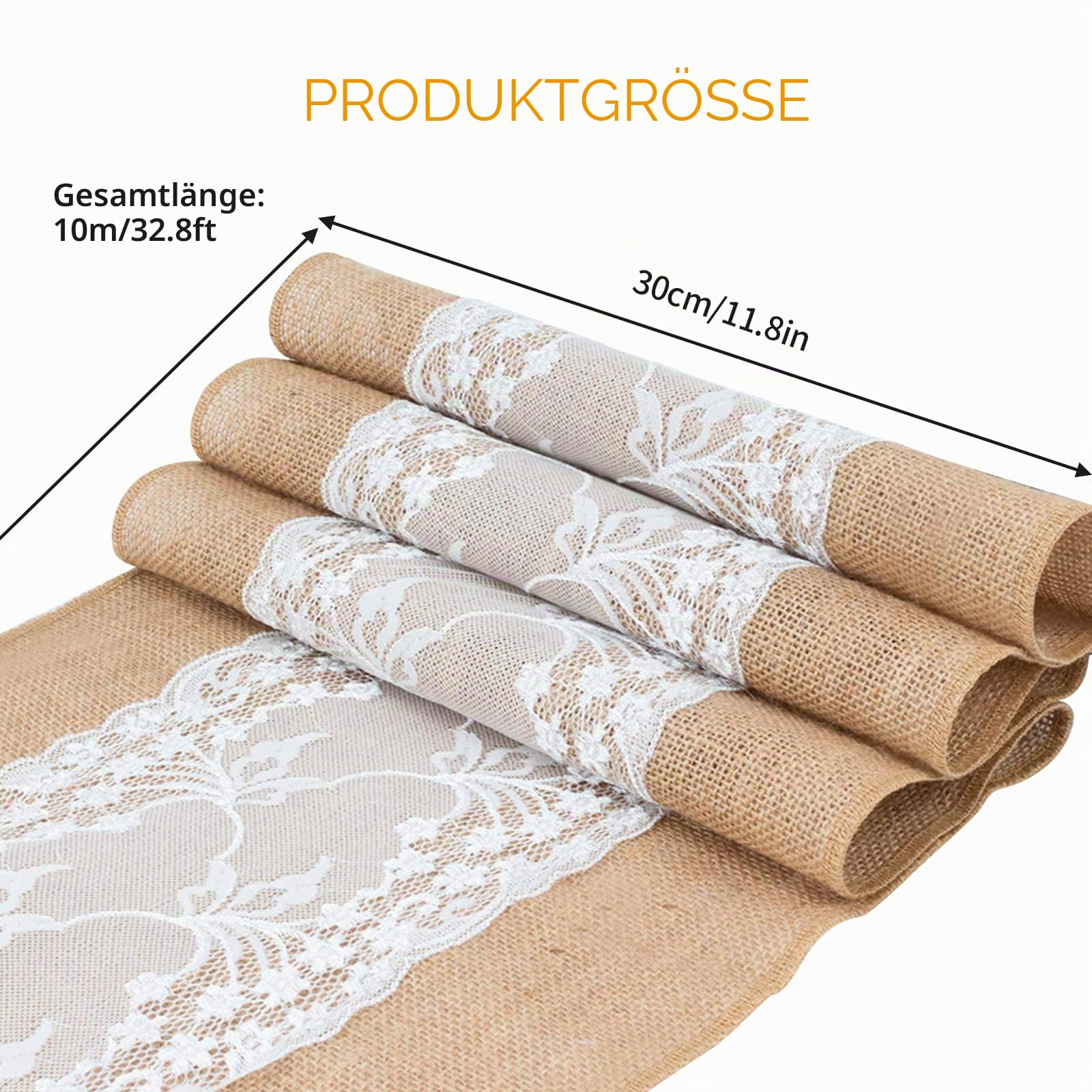 Tischläufer Jute mit Spitze Weiß 30CMx10M Natürliches Sackleinen Tischband,Tischläufer Weihnachten Läufer für Weihnachtsdeko Innen,Spitze Hochzeit für Festival-Ereignis Tischdekoration