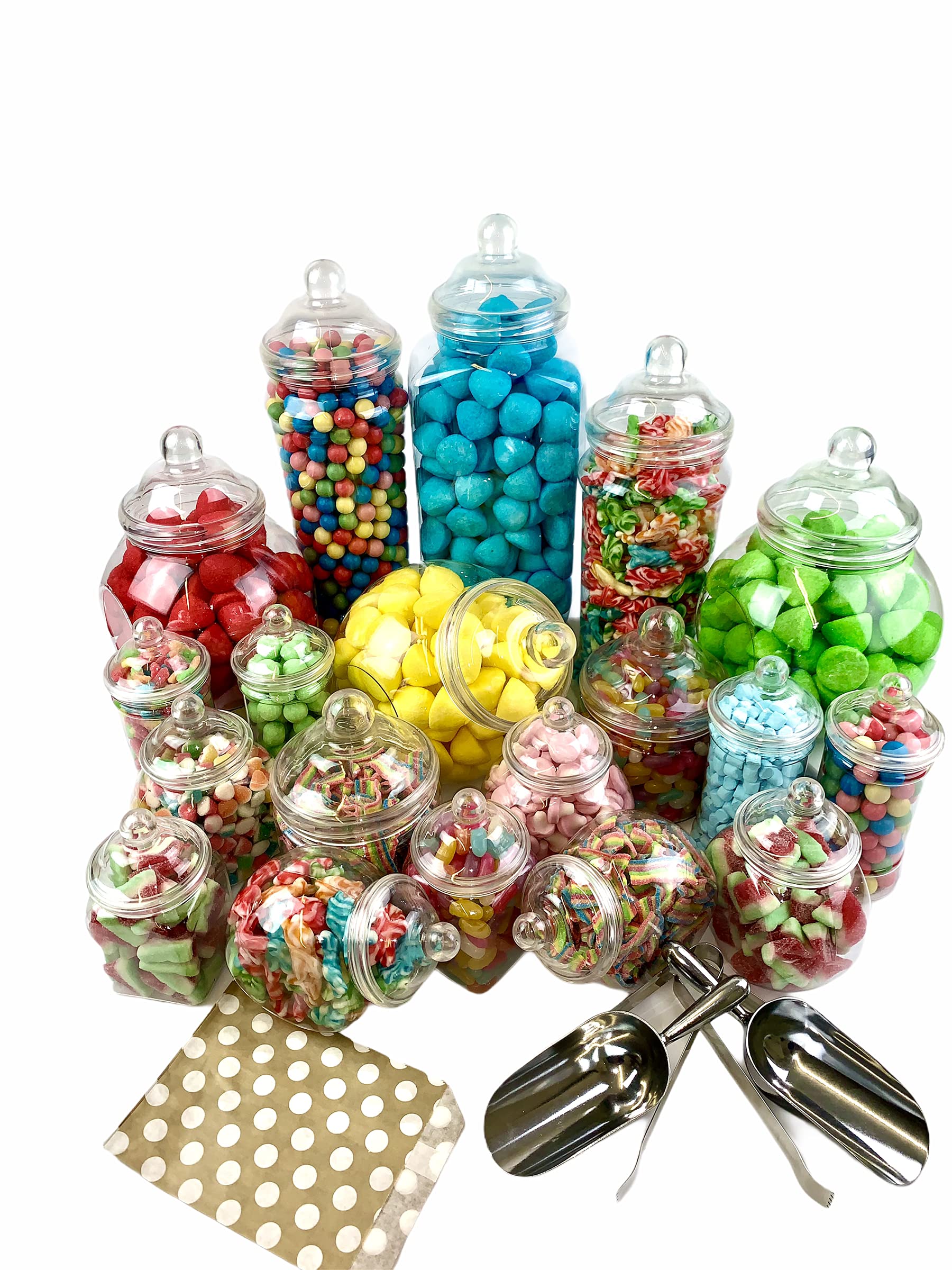 19 Empty Jars Vintage Victorian Pick & Mix Sweet Shop Candy Buffet Kit Party Pack - 2x Scoop 2x Tongs 100x Gold Polka Bags