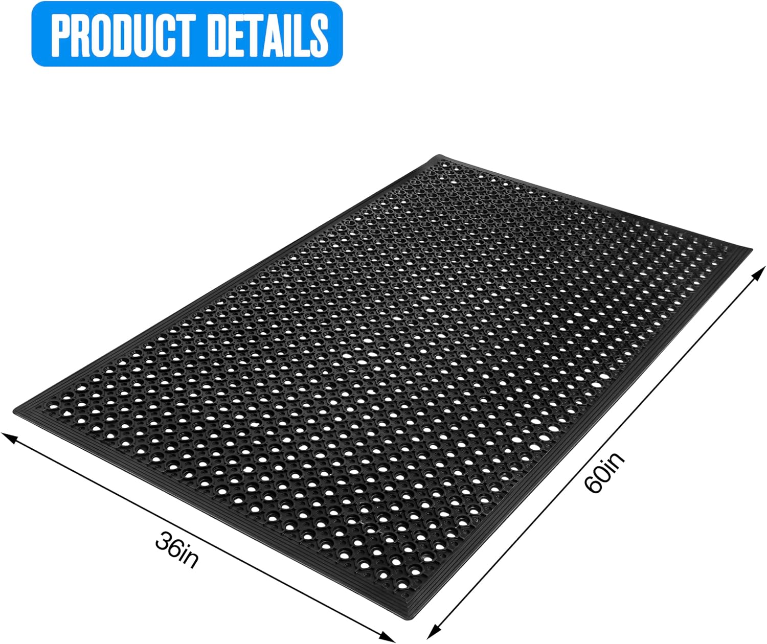 Rubber Door Mat with Holes, 36"x60" Rubber Floor Mat, Heavy Duty Floor Mats for Garage Floor Outdoor Restaurant Kitchen Bar (Black) (36"x60")