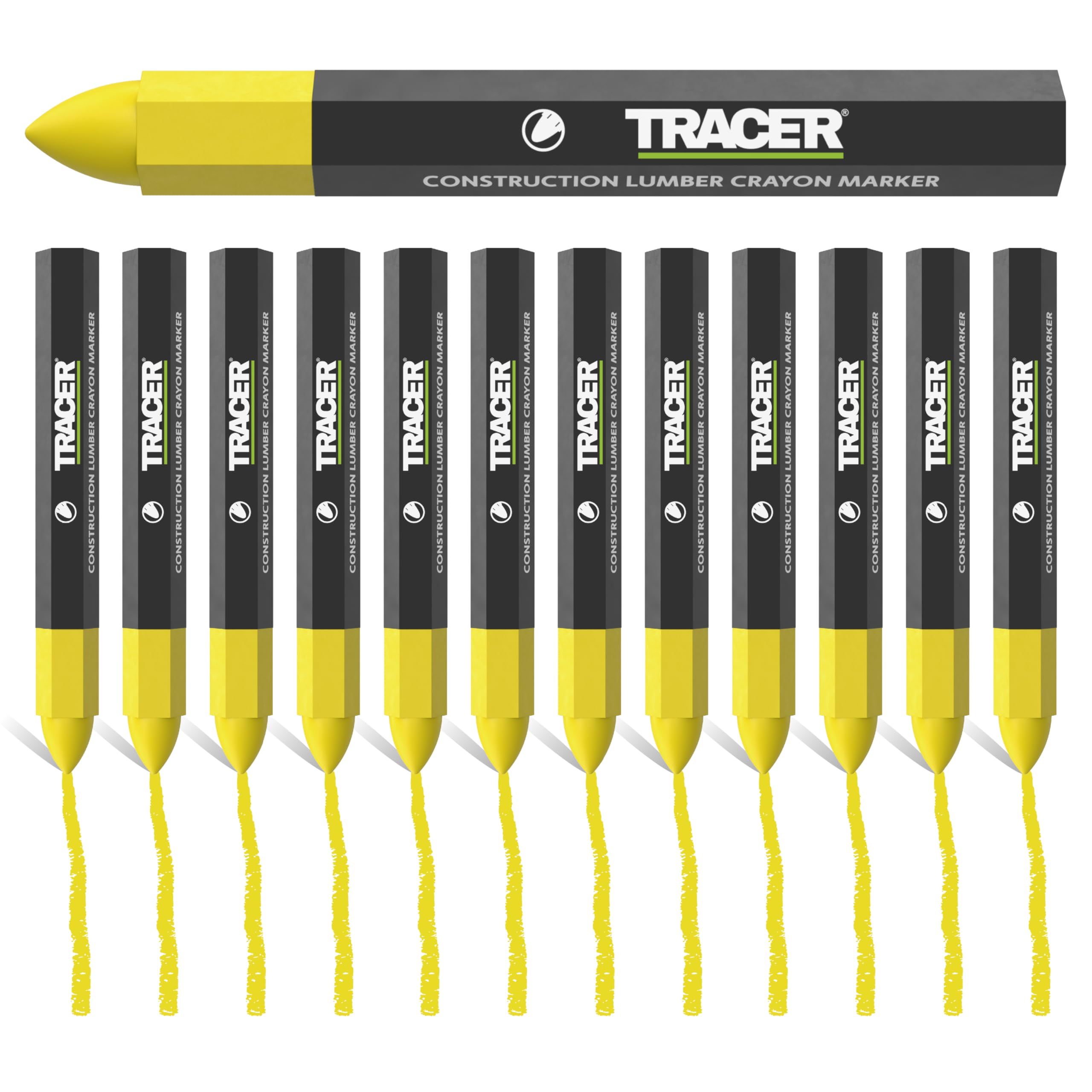 Tracer Construction Lumber Crayon Markers, Pack of 12 - Yellow. 12 x Yellow Multi Surface Marking Crayons