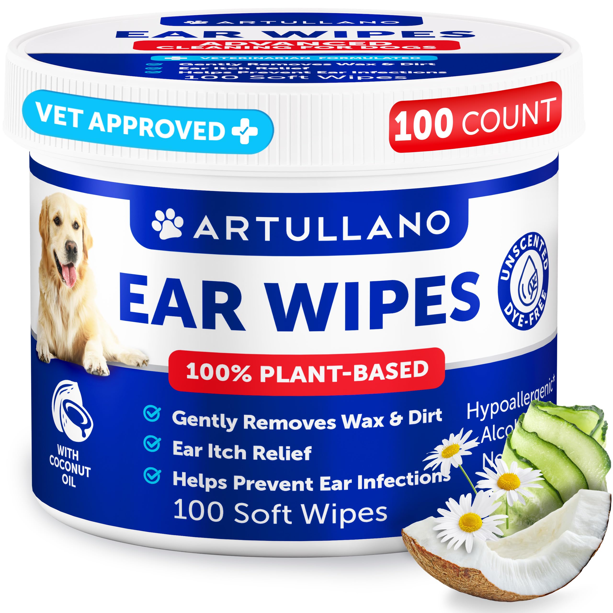 Dog Ear Wipes - 100 ct - Removes Wax and Dirt - Soothing Ear Cleaner Wipes for Dogs, Puppies - 100% Plant Based, Unscented with Coconut Oil - Ear Infection Treatment to Relief Itching & Inflammation