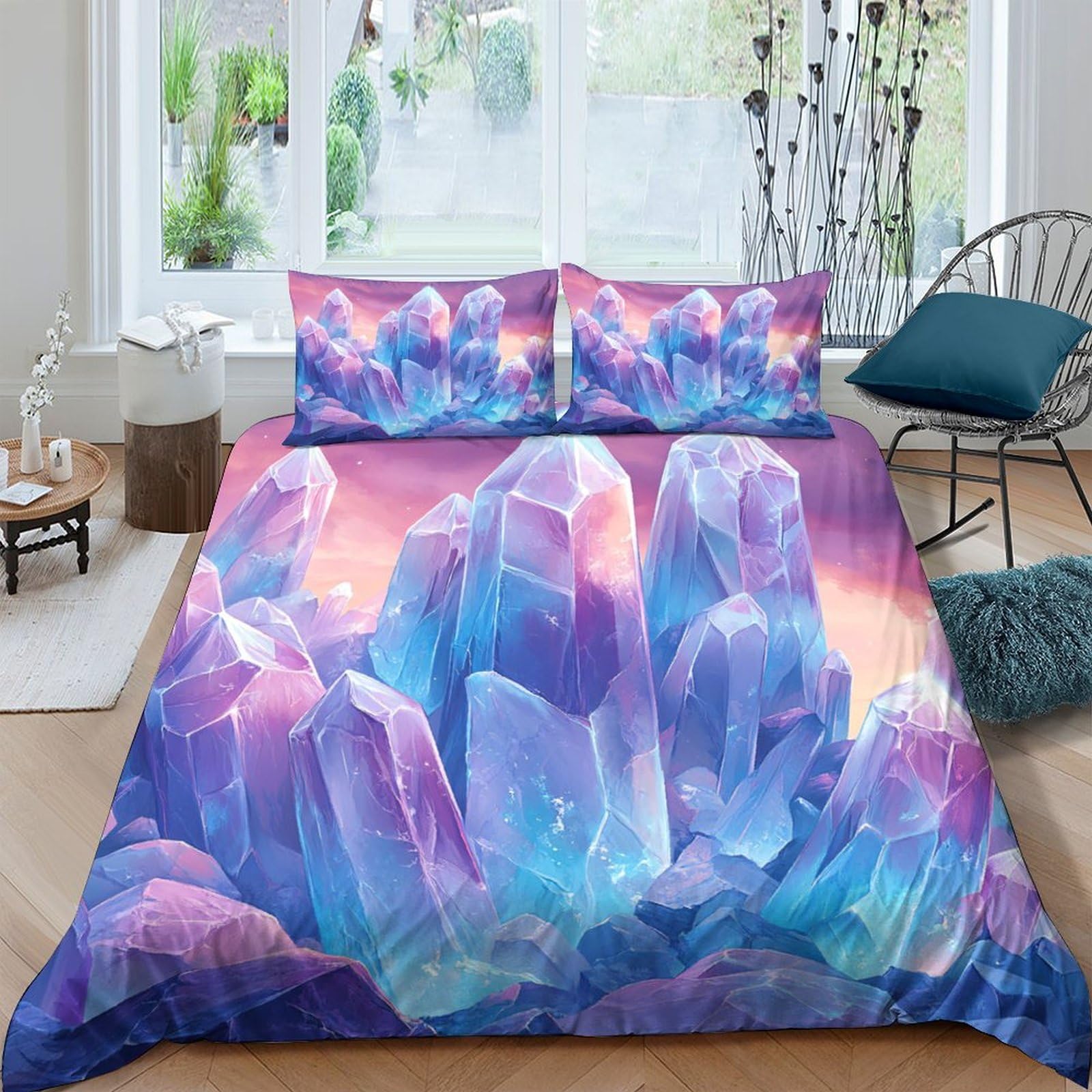 GPLZQXKJNH 3D Printed Crystal Mountain Duvet Cover Set Microfiber Soft Pastel Aurora Bedding with 2 Pillowcases for Bedroom Decor Single（135x200cm）