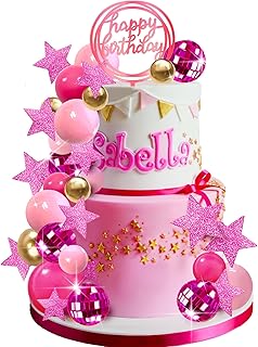 Hot Pink Girl Cake Toppers with Pink Gold Balls Mirror Ball Doll Cake Toppers for Wedding Baby Shower Anniversary Girl Birthday Themed Party Supplies (Style 2)