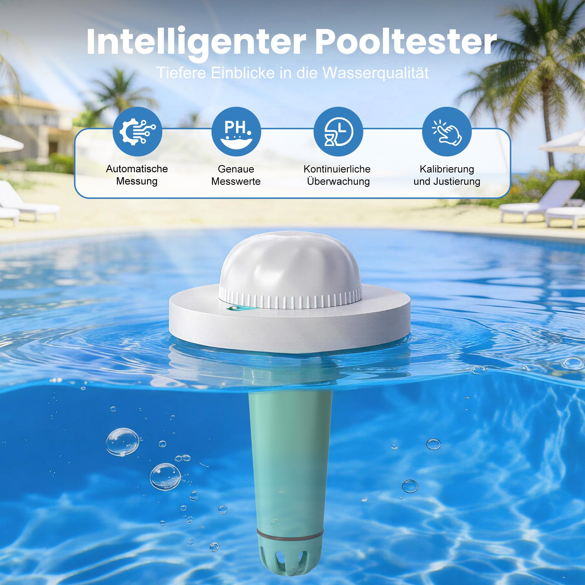 Intelligenter 7-in-1 Pooltester mit App-Steuerung, Digitaler Pool Messgerät für pH, Chlor, TDS, EC, ORP, Salz, Temperatur, IP68 wasserdichtes Wassertester für Pools, Whirlpools, Spas, Schwimmbad