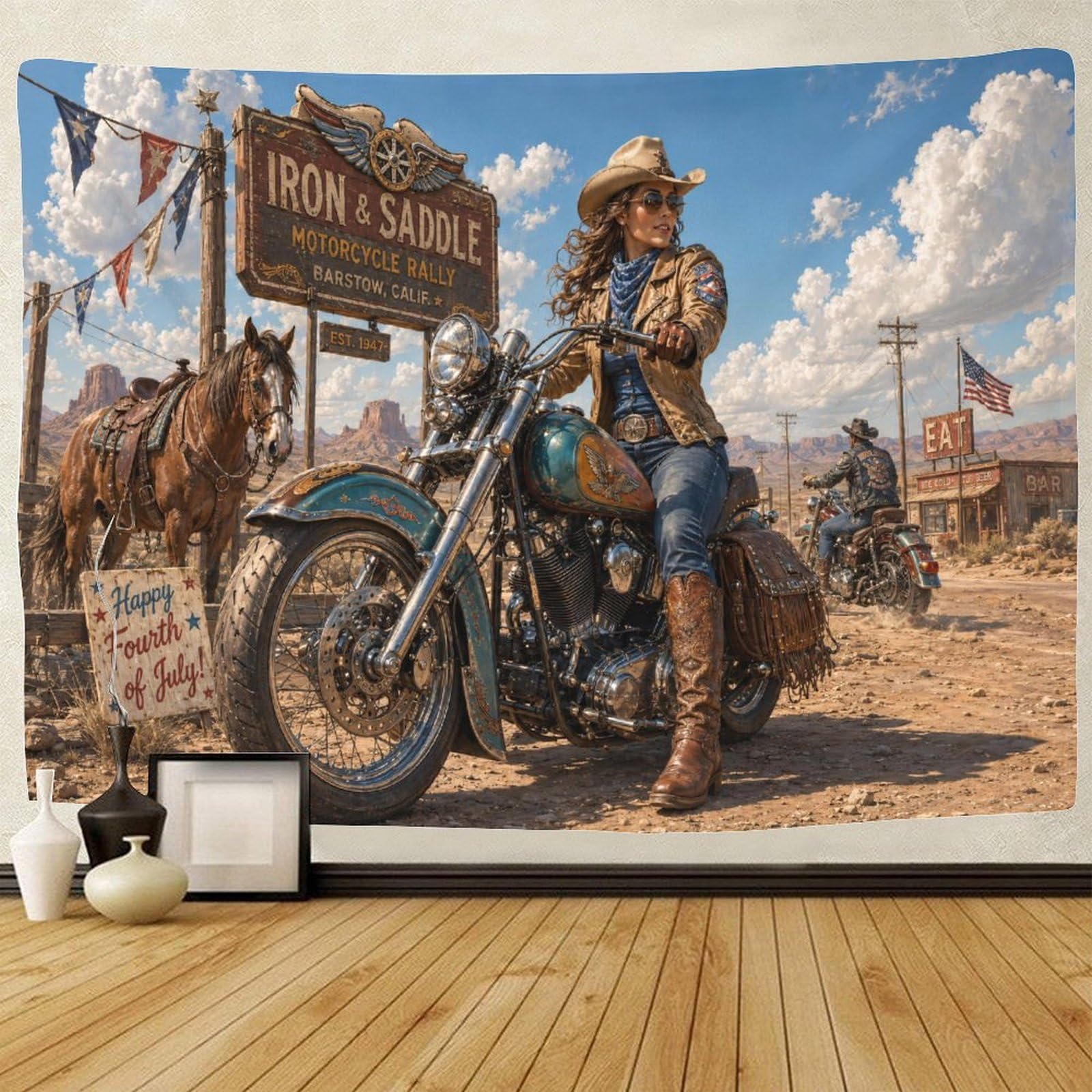 ASDFGHJKLZA Vintage Western Cowgirl Wall Tapestry 3D Print Wall Hanging Decor Motorcycle Tapestries Poster Home Decoration Bedroom Dorm 70cmx100cm