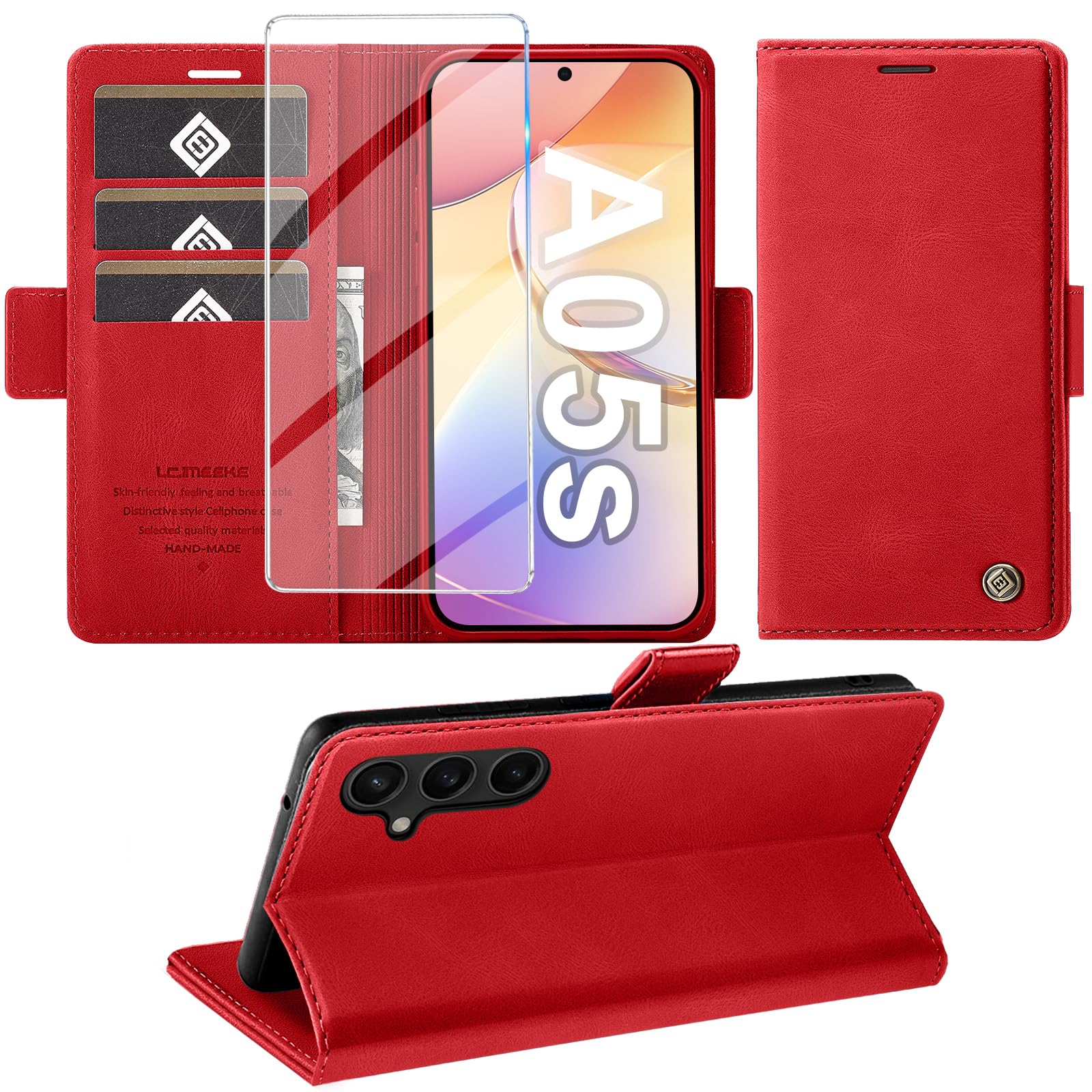 Giyer Handyhülle für Samsung Galaxy A05S Hülle mit Displayschutzfolie, Schutzhülle Galaxy A05S PU Leder Wallet Flip Case Ständer Kartenfach Klapphülle für Samsung A05S Tasche (Rot)
