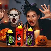 Vista 5 de BlcTec Decoraciones de Halloween, 3 portavelas de madera de Halloween con velas de té LED y artesanía de tallado 3D, centros de mesa de madera