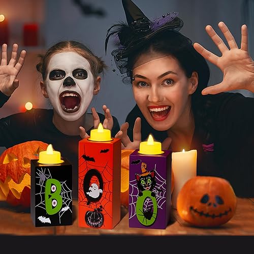 Miniatura 5 de BlcTec Decoraciones de Halloween, 3 portavelas de madera de Halloween con velas de té LED y artesanía de tallado 3D, centros de mesa de madera para