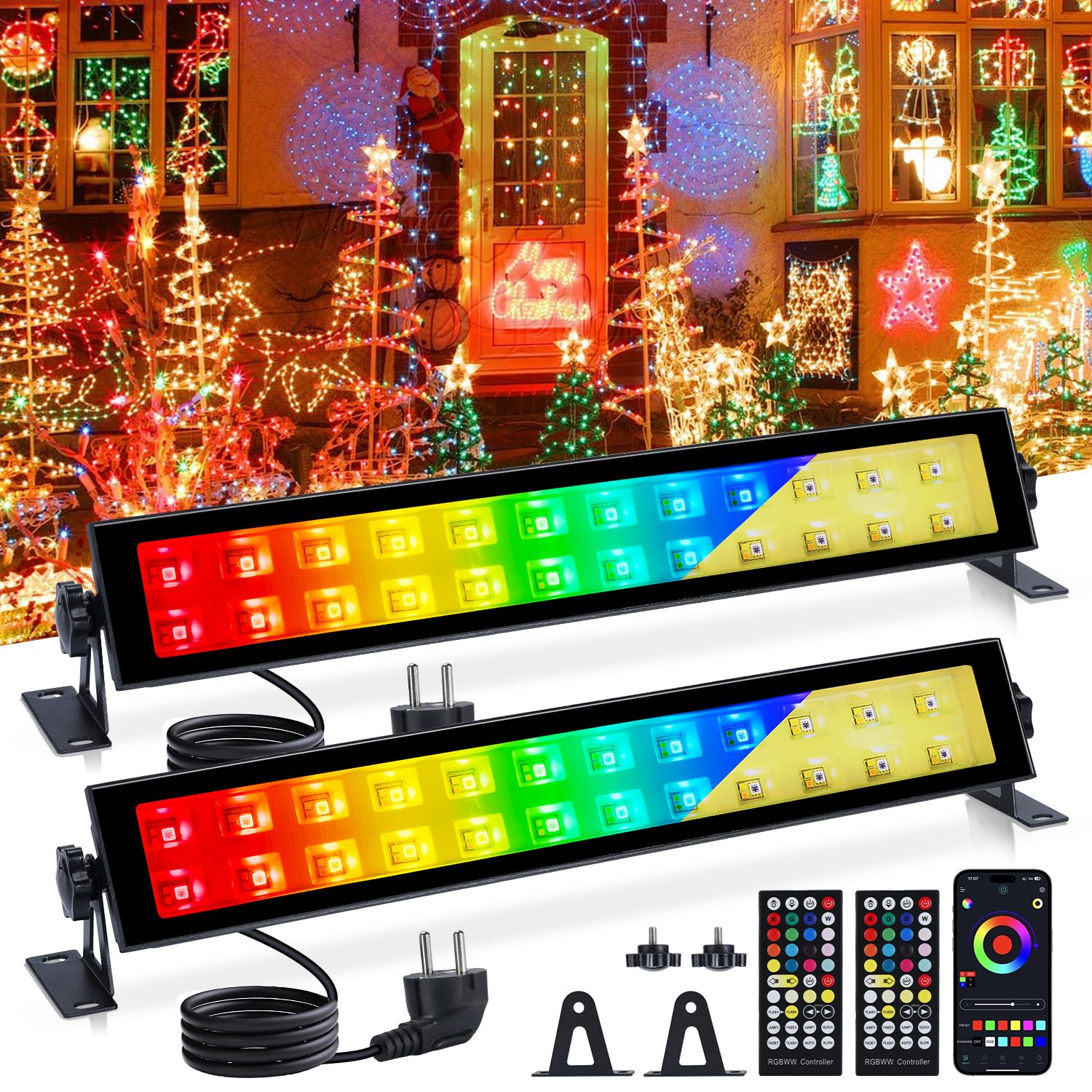 VAYALT 2 faretti LED RGB da 48 W RGB da parete con controllo APP Bluetooth e barra LED dimmerabile, IP66, impermeabili, per DJ discoteca, giardino, Halloween (bianco caldo + luce fredda)