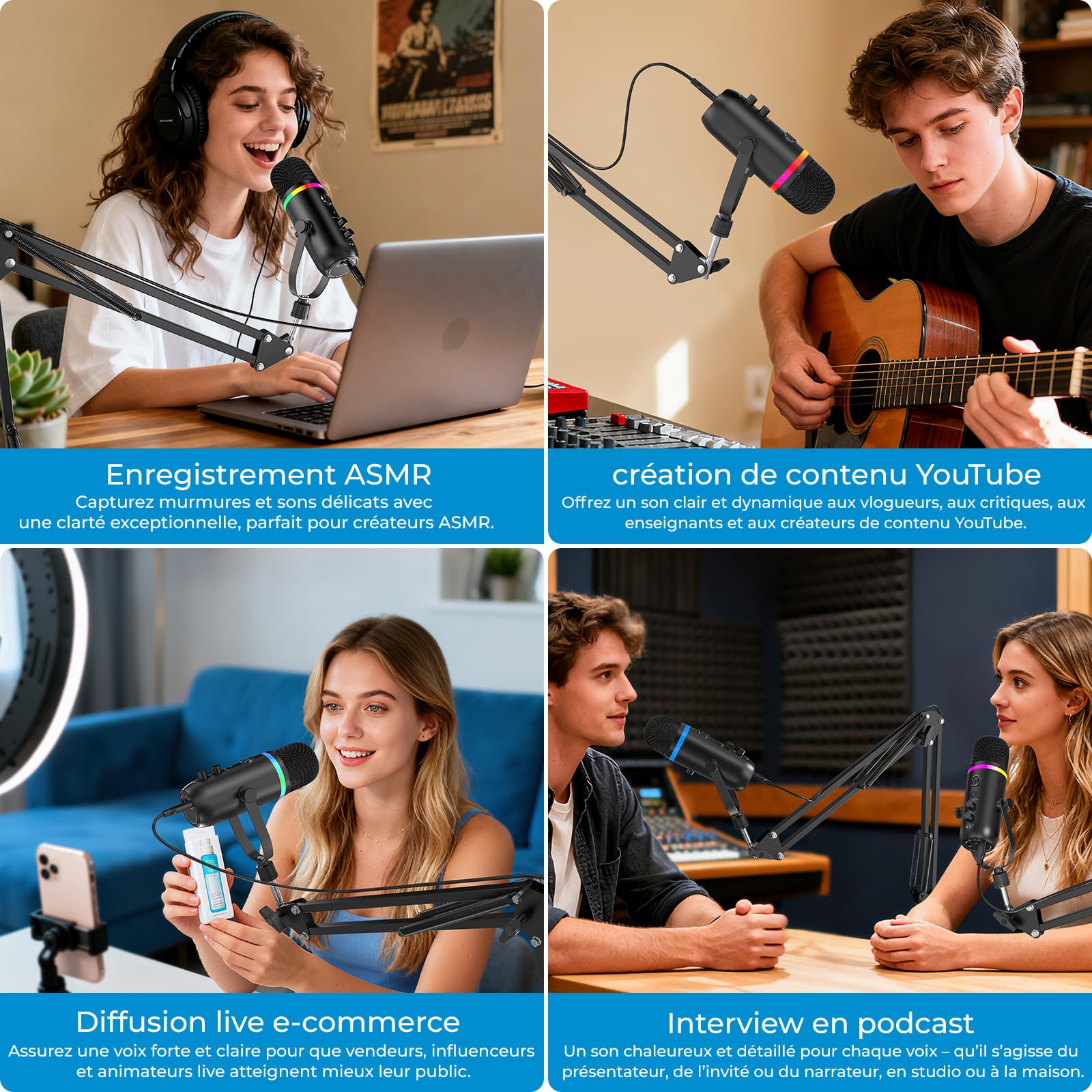 zealsound RGB Micro Gaming avec Bras, et Réduction de Bruit pour PC Telephone PS4/5, USB Microphone à Condensateur pour Podcast, Streaming, Twitch, Youtube, Discord, aevc Bouton de Silence et Gain