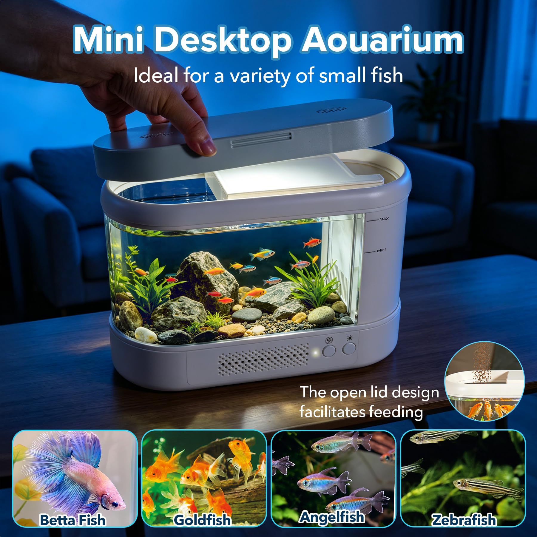 3,7L Acuario Pequeño Kit de Inicio,Blanco Aquario Acrílico con Sistema de Filtrado e Iluminación LED, Pecera Pequeña de Mesa para Peces Betta, Plantas y Gambas