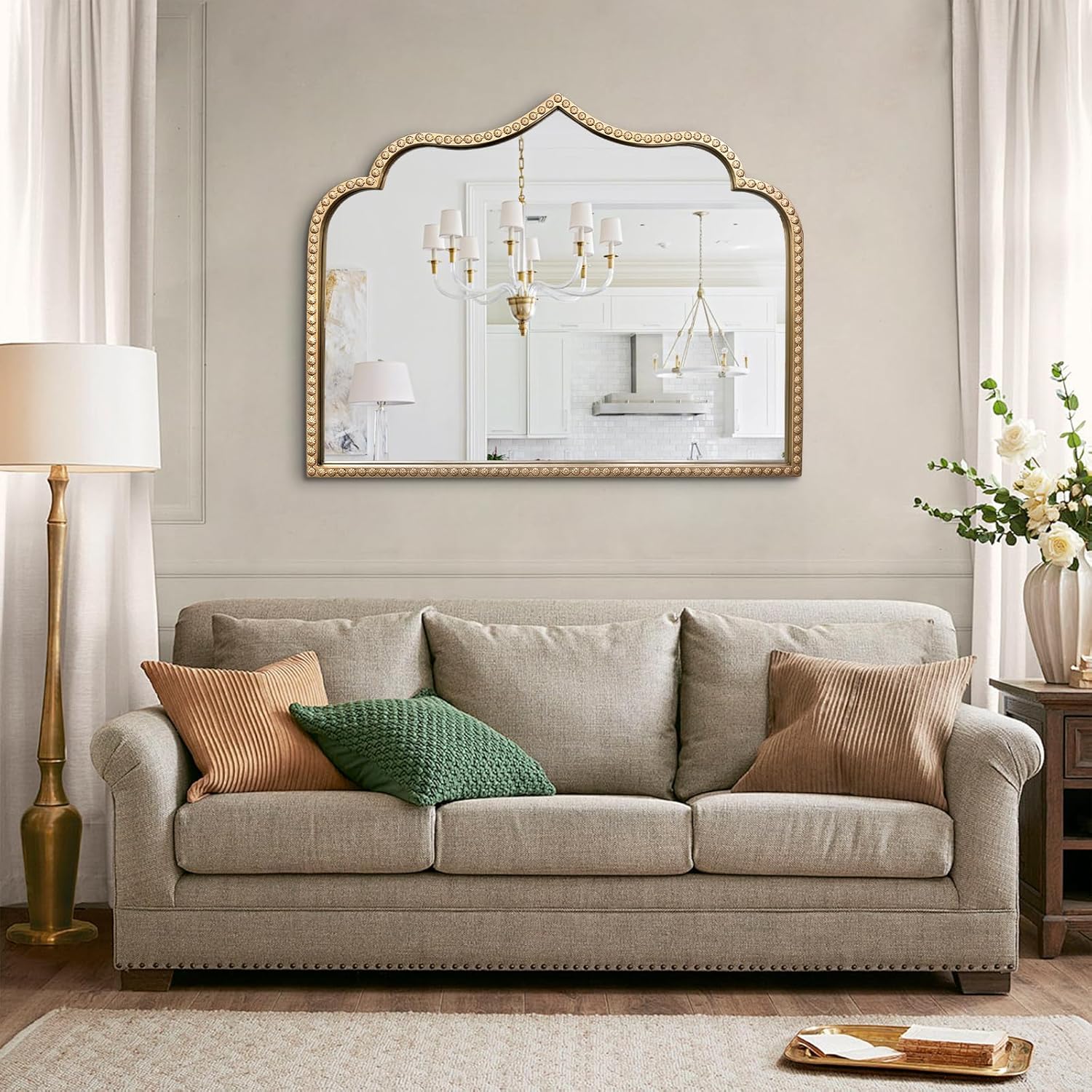 gold arched mirror, 36\"x28\" arch vanity mirrors for bathroom, metal beaded frame ornate decorative mirror, scalloped vintage mirrors for fireplace bedroom living room entryway hallway gold beaded 28\"l x 36\"w