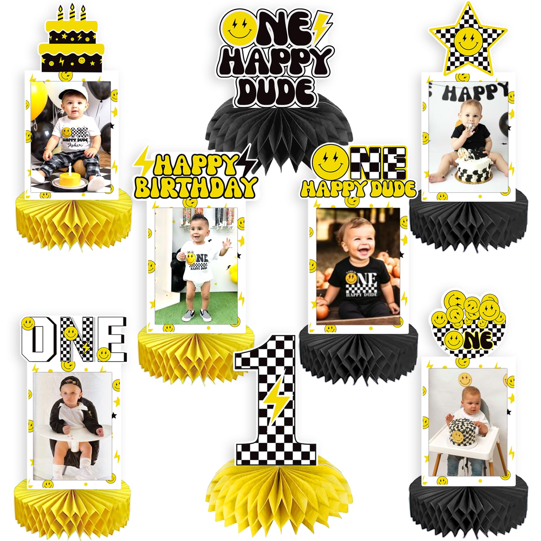 NANAGALI 8 Pcs One Happy Dude Honeycomb Centerpiece One Happy Dude 1st Photo Table Centerpiece Party Decoration Set 1st Table Toppers Centerpieces First Birthday Party Idea for Baby Boys and Girls