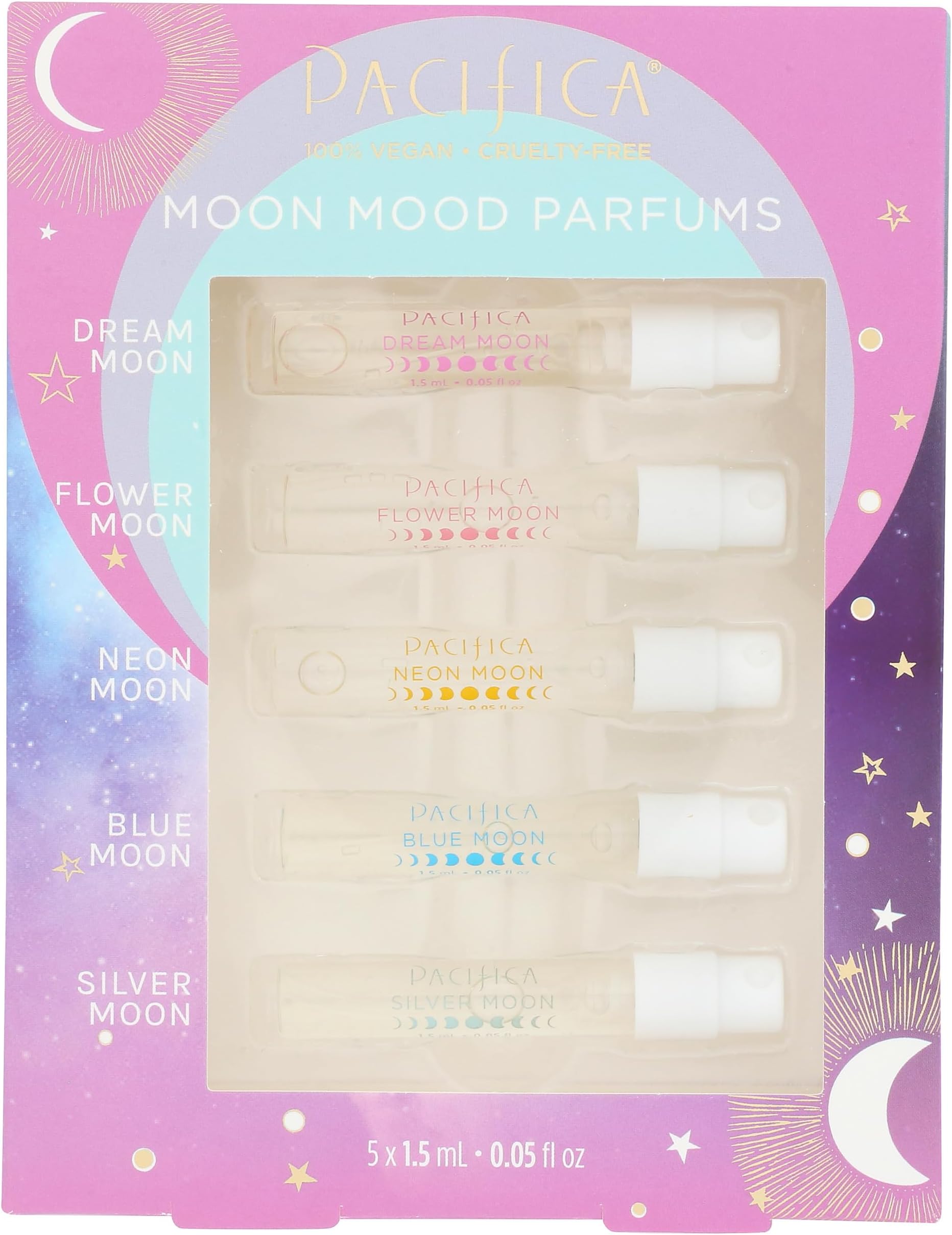 Pacifica Beauty Mood Moons Spray Set, Travel Fragrance Collection with Dream, Flower, Neon, Blue & Silver Moon, Clean Scent Minis, Vegan, 0.05 fl oz Each (5-Pack)