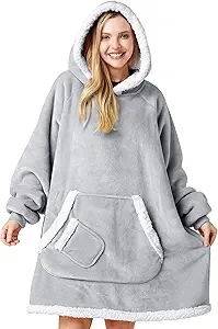 Giggling Getup Wearable Blanket Hoodie for Women Men Gifts for Women Mom Wife Sherpa Fleece Hooded Blanket Sweatshirt Warm Cozy Sherpa Wearable Throw with Pocket & Sleeves for Adult Oversize Gray