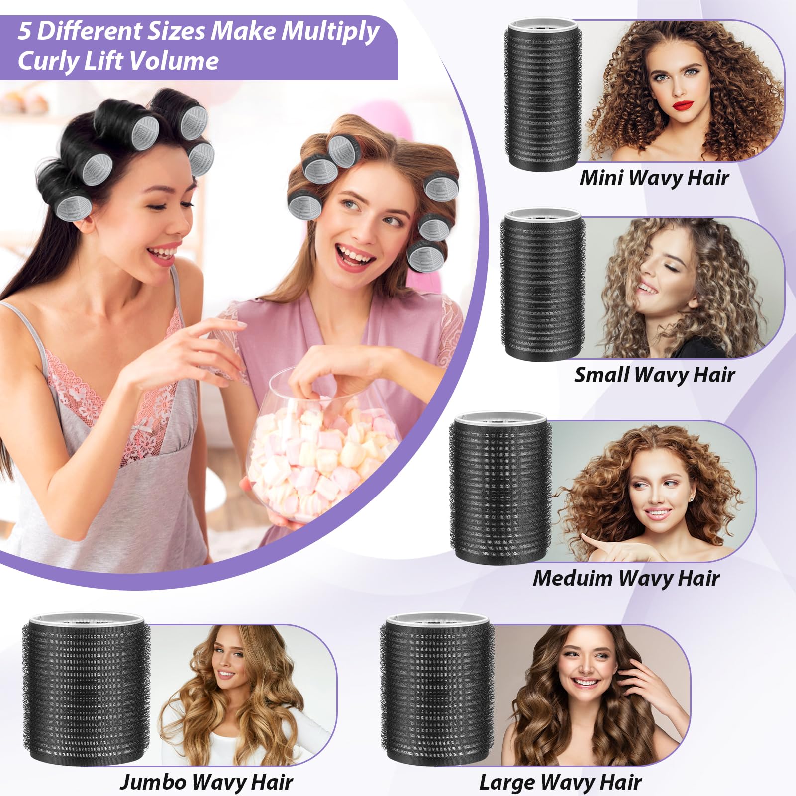 Qinzave Rizadores de pelo con clips, rodillos grandes con 5 tamaños, rodillo de pelo autoagarre para volumen largo, medio, corto, grueso, fino