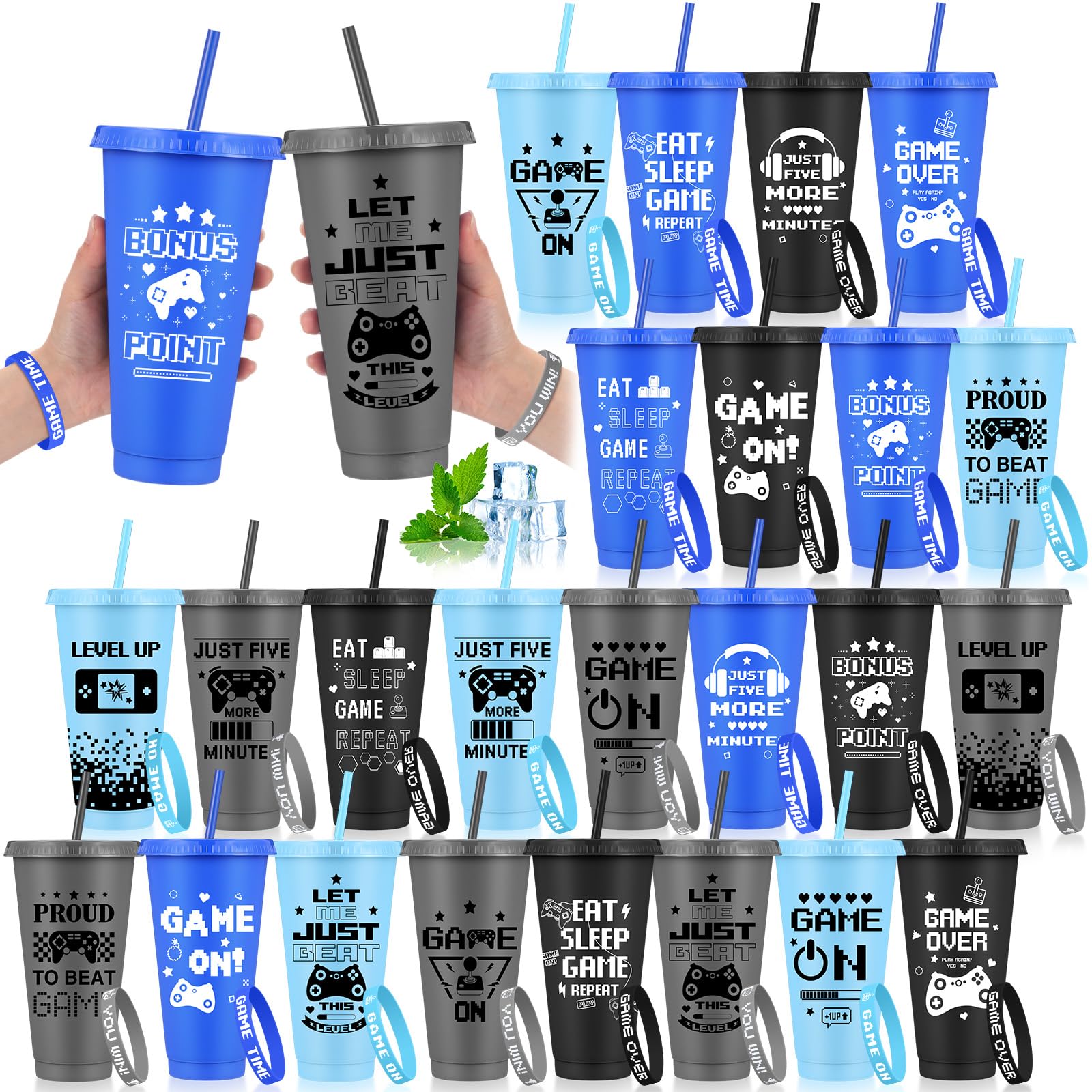 Jingmore 24 Set/48 Pcs Video Party Favors Set Include 24oz Video Plastic Cups with Lids & Straws and Silicone Bracelets Wristbands Birthday Party