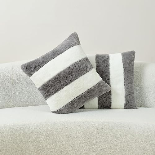 Miniatura 5 de Juego de 2 fundas de almohada de 18 x 18 pulgadas, piel sintética suave de conejoparte trasera de terciopelo, fundas de cojín cuadradas decorativas