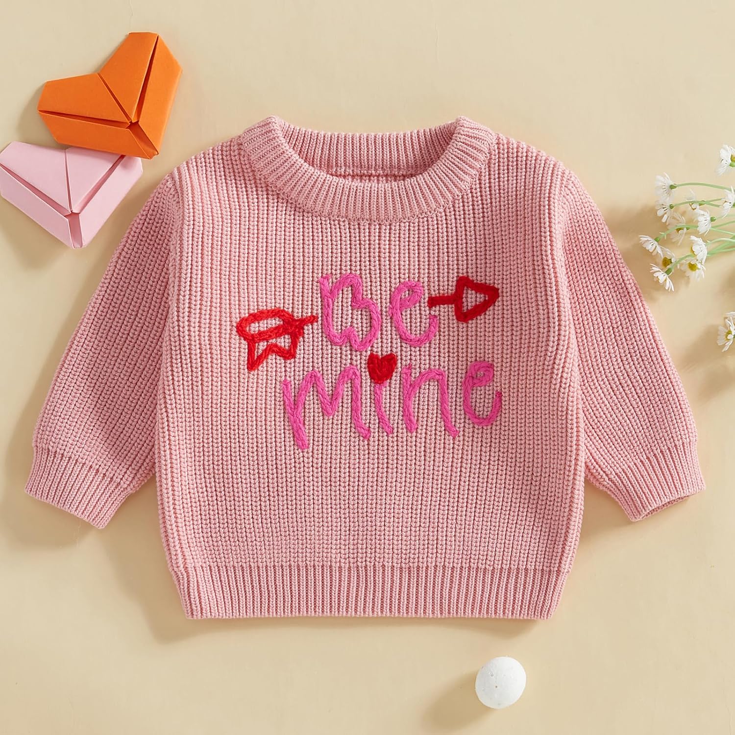 Lesimsam Toddler Baby Boy Girl Valentines Outfit Heart/Letter Embroidery Long Sleeve Knit Sweater Pullover Sweatshirt Top - Image 2
