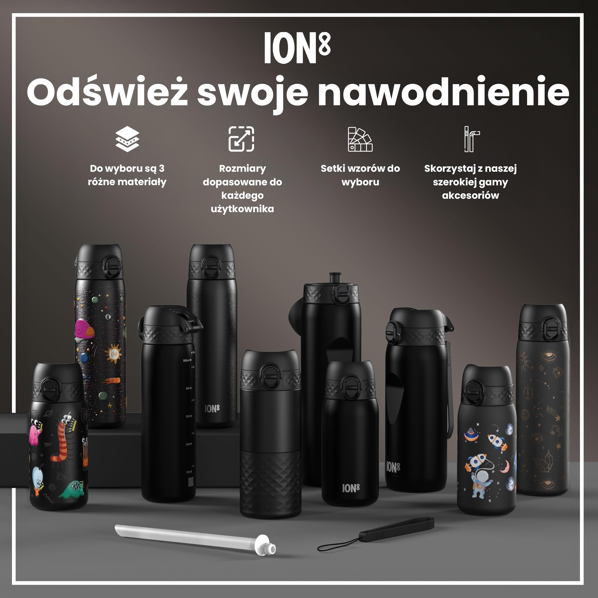 ION8 Butelka na Wodę, 500 ml/18 oz, Szczelna, Łatwe Otwieranie, Bezpieczny Zamek, Można Myć w Zmywarce, Bez BPA, Higieniczne Pokrycie, Uchwyt do Przenoszenia, Łatwa Czyszczenie, Kosmiczny Wszechświat