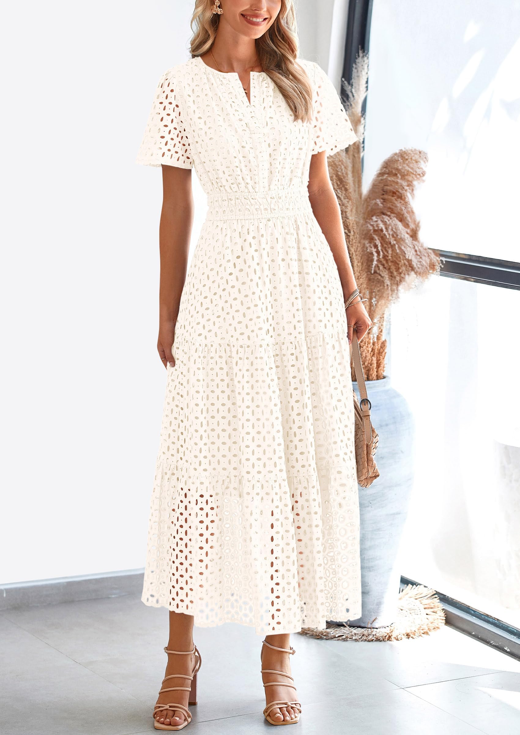 PRETTYGARDEN Womens 2026 Summer Maxi Dress Short Sleeve V Neck Hollow Out Eyelet A Line Long Flowy Beach Vacation Dresses: White Medium