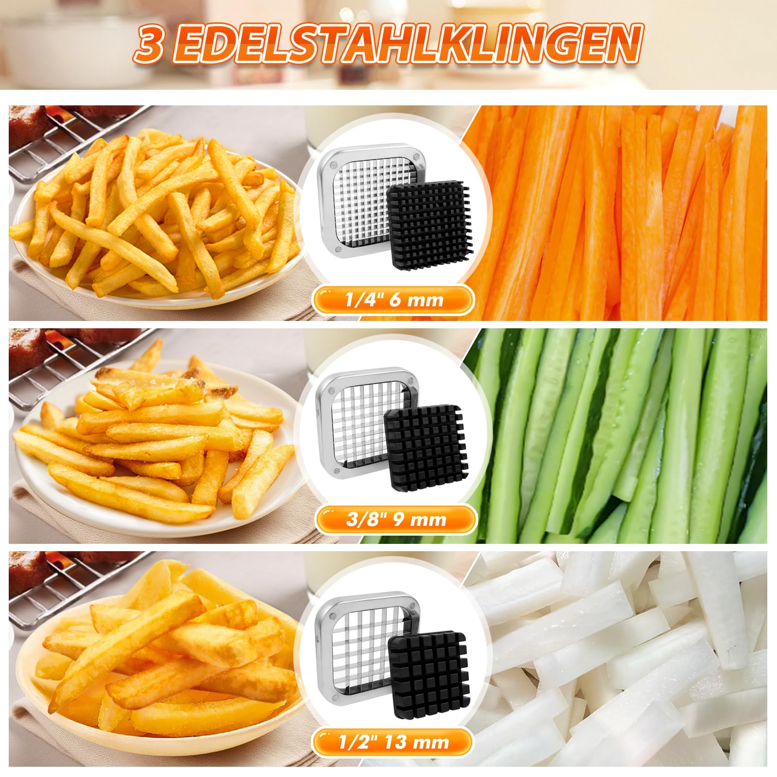 Anatole Pommesschneider Professionell mit 13/9/6mm Klingen aus Edelstahl | Kartoffelschneider Manuell, 4 Saugfüßen, Kompakte Bauweise, für Kartoffel Karotte Gurke Zwiebel Obst, für Küche zu Hause
