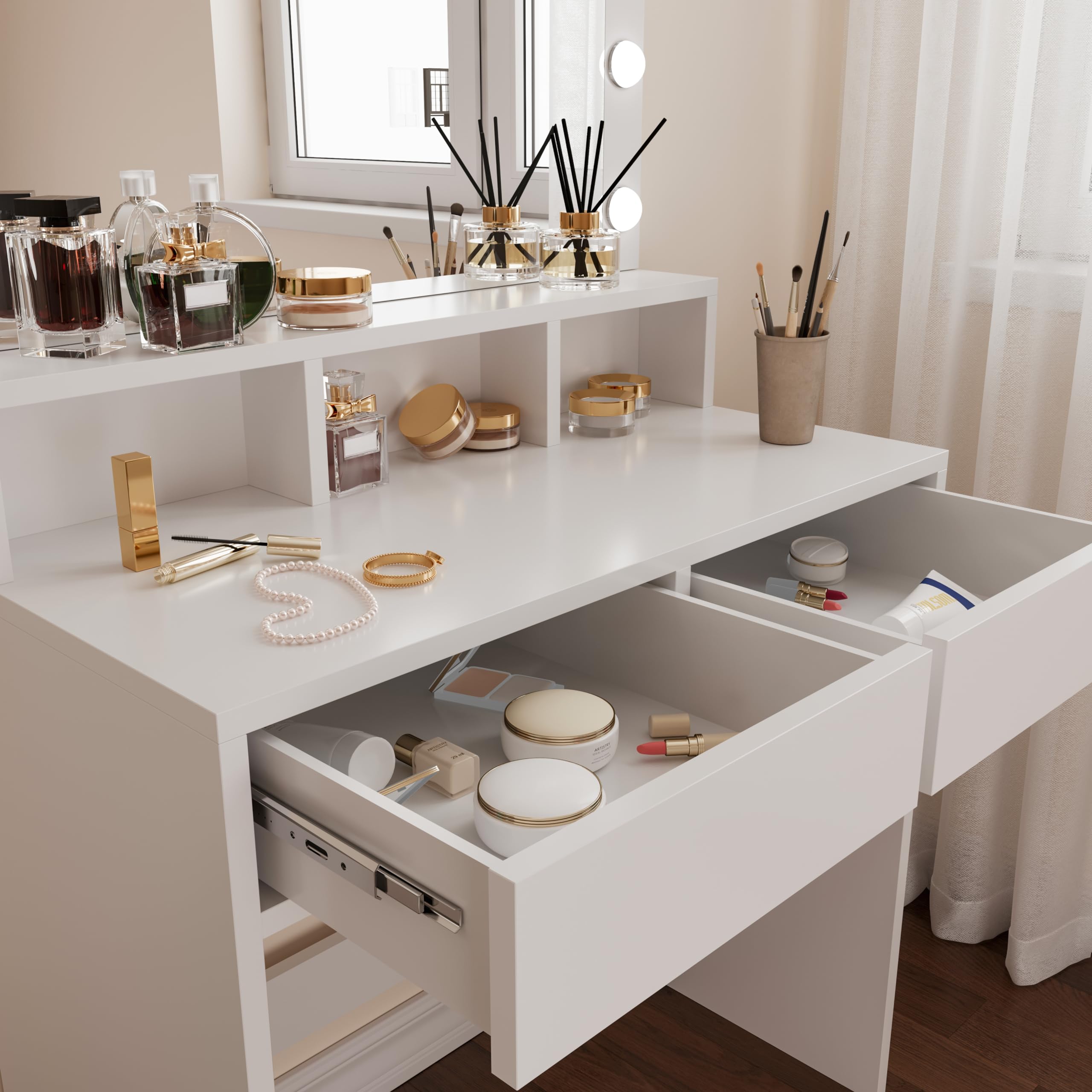Toeletta Tavolino Da Trucco Tavolo Con 9 Luci LED Con Luminosità Regolabile 2 Cassetti 3 Scomparti A Giorno Specchio Orizzontale Postazione Make Up In Legno Design Moderno 40 x 80 x 140 Cm Bianco