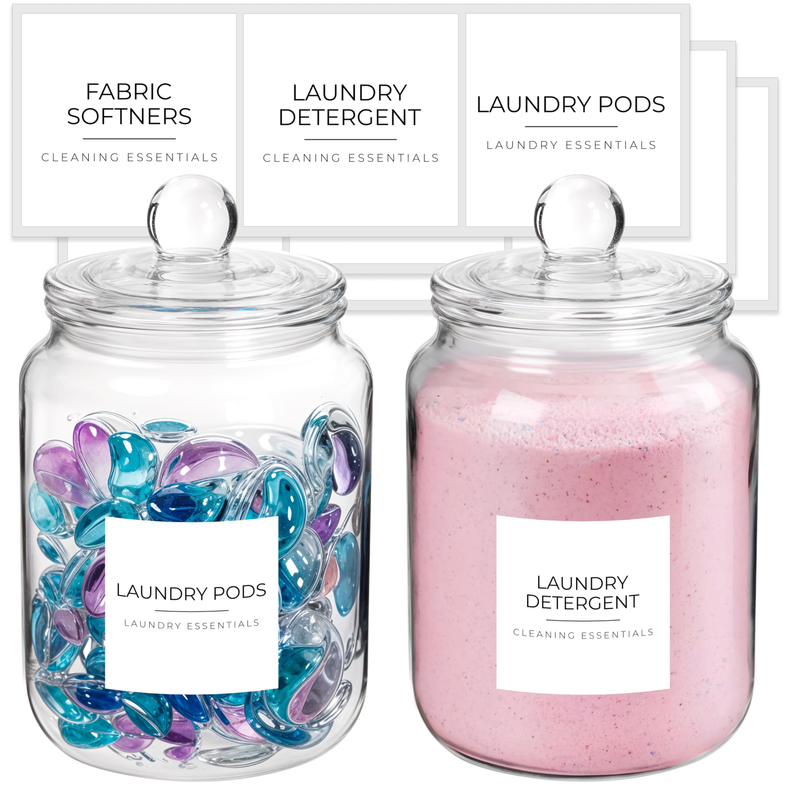 Winter Shore 2 L Glazen Potten met Deksels & Labels (2 Pak) - Waskamer Organisatie & Opslag Essentials - Luchtdichte Glazen Containers met Deksels - 8 Labels voor Waspoeder, Pods & Verzachter