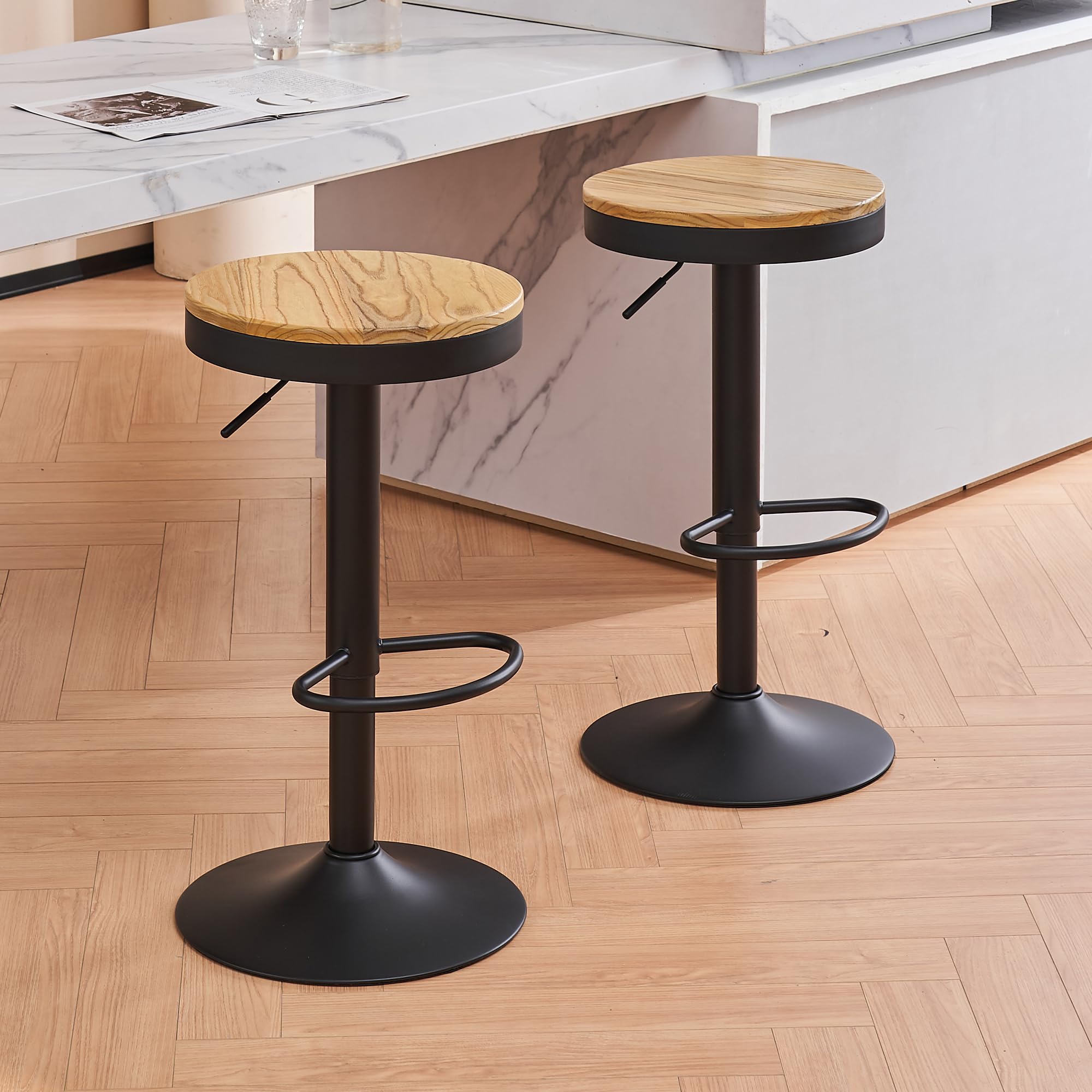 YOUTASTE Wooden Bar Stools Set of 2 Black Rustic Breakfast Adjustable Counter Height Bar Chairs Metal Swivel High Barstools for Kitchen Island