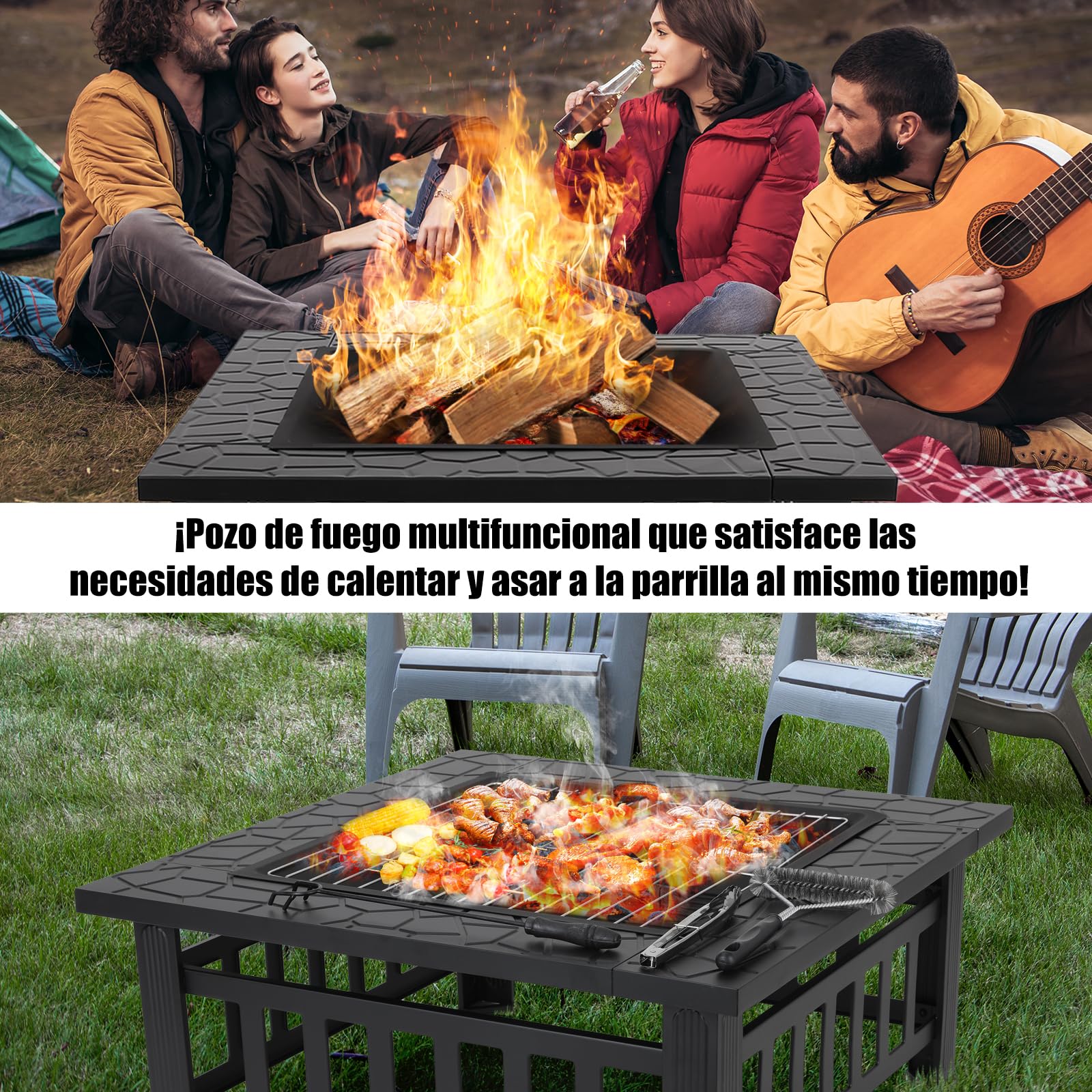 LIFERUN Brasero Barbacoa con Rejilla, Brasero Exterieur 81cm Jardin | Pozo de Fuego, Metal Fire Pit al Aire Libre, Parrilla con Cubierta Impermeable, Rejilla, Atizador,Pinzas para Parrilla,4 Pata