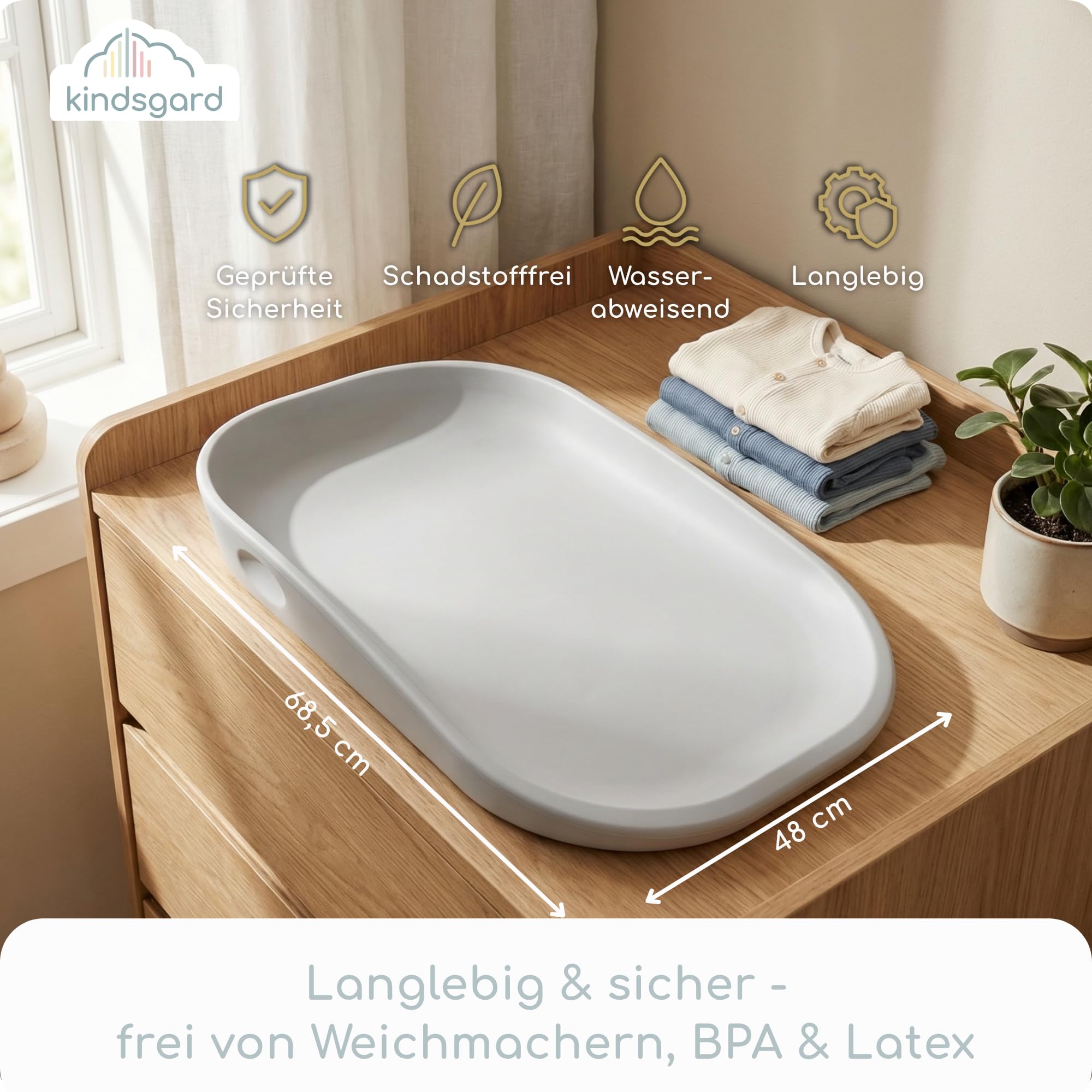 kindsgard Wickelauflage – Weiche Wickelmatte aus PU mit erhöhtem Rand – Abwaschbar, Hygienisch, Schadstofffrei – 68,5 x 48 cm – Für Wickeltisch, Kommode, Waschmaschine oder Boden (Grau)