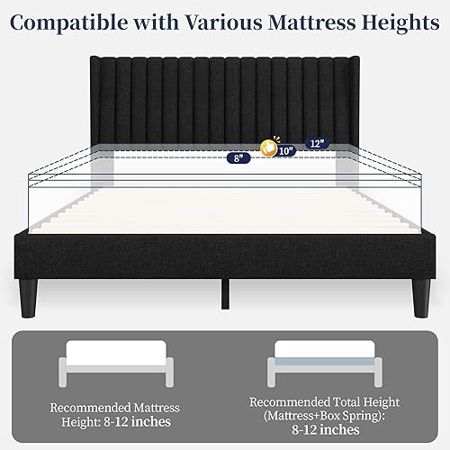 Miniatura 43 de Yaheetech - Base de cama matrimonial, plataforma tapizada con cabecera de borde ala, base de colchón de tela capitoné cuadrada, soporte de listones