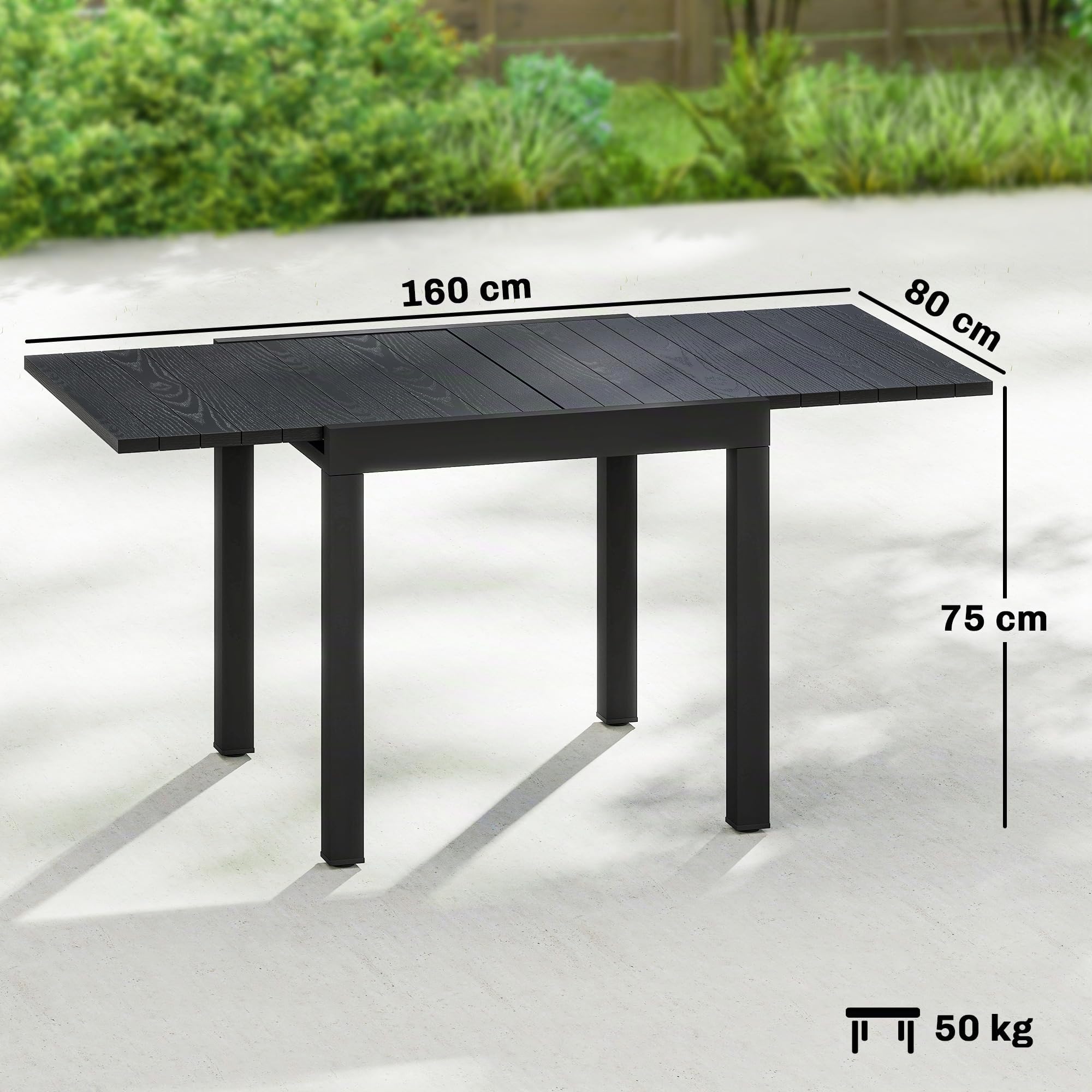 Outsunny Mesa de Jardín Extensible 80/160x80 cm Comedor Exterior Negro | Rectangular de Aluminio, Superficie de Lamas Efecto Madera, para 4-6 Personas, Patio, Terraza