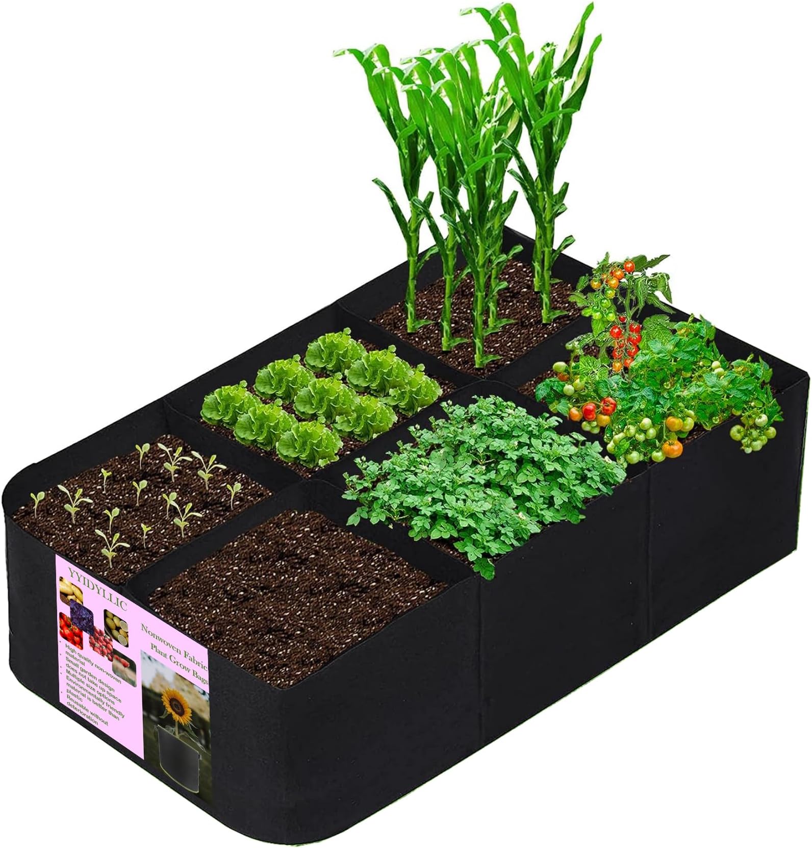 AE005-6 Rectangle Plant Grow Bag, One 57-Gallon Fabric Raised Garden Bed with Six Compartments, Agriculture bags for Vegetables Fruits Plants Flowers.