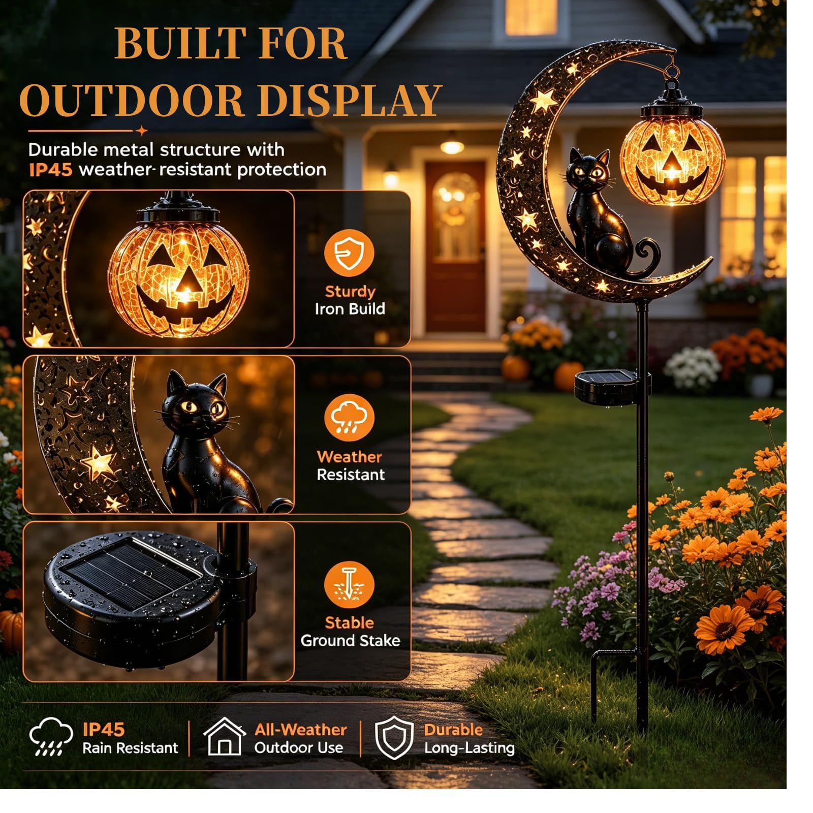 Lampada Solare da Giardino a Forma di Gatto Nero per Halloween, da Appendere a Forma di Zucca o Luna | Lampada da Giardino a Forma di Zucca e Luna, in Metallo Resistente alle intem