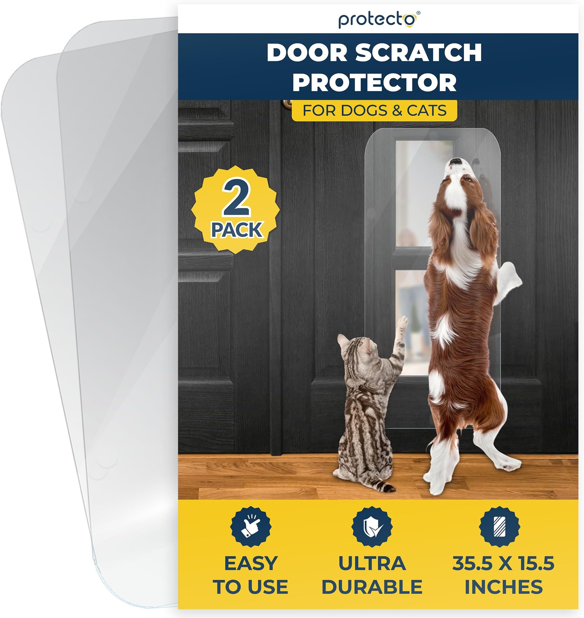 2Pack Heavy Duty Door Protector from Dog Scratching, 35.5 x 15.5” Clear Door Scratch Protector, Easy to Install on Window, Wall, Screen & Sliding Doors, Cat Scratch Guard for Indoors Outdoors