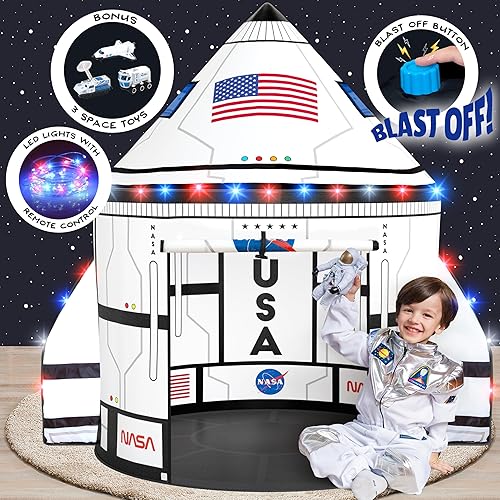 Miniatura 39 de W&O - Tienda de campaña desplegable de cohete para jugar con botón de despegue, juguetes para niños, tienda de campaña espacial, nave espacial