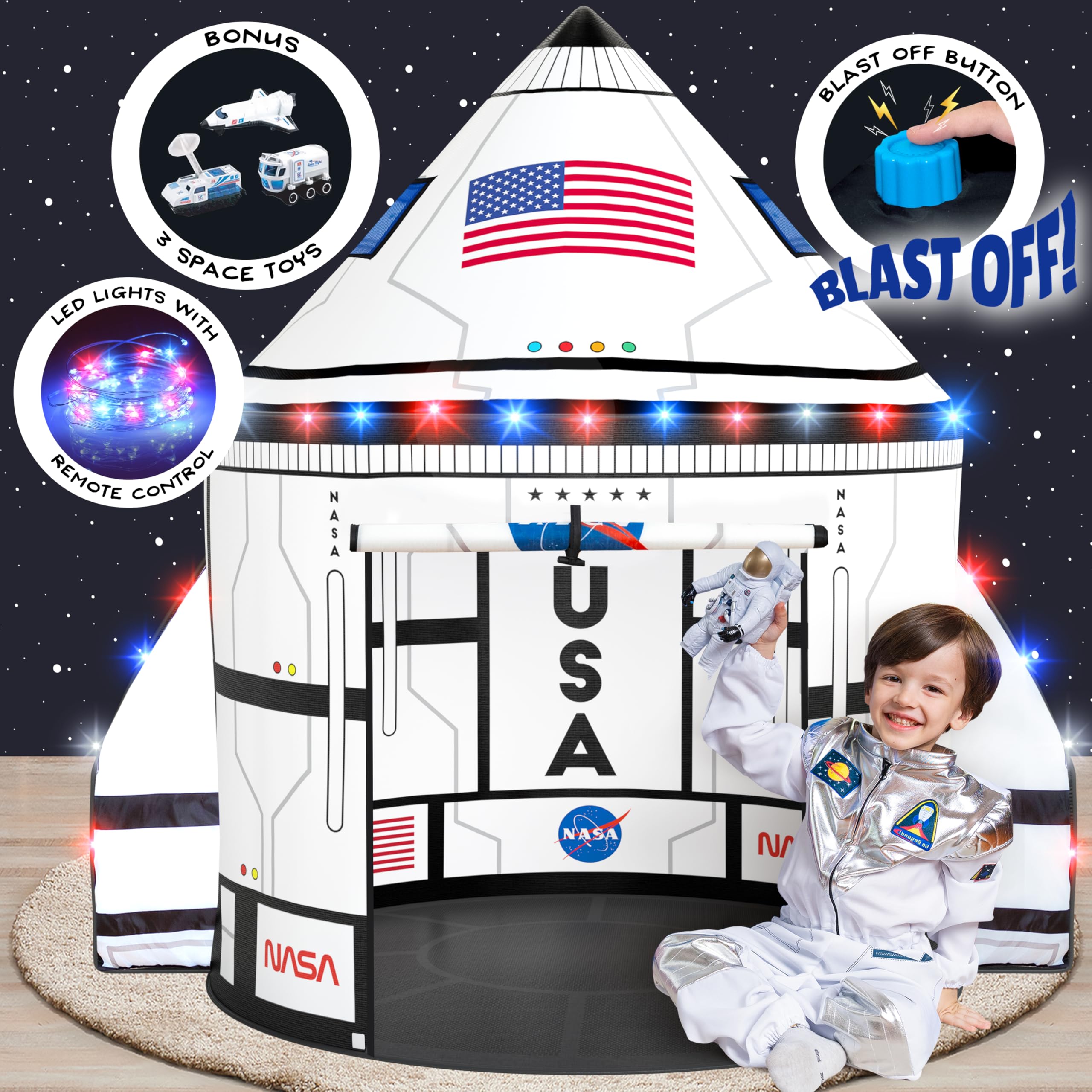 W&O Space Shuttle Explorer Tent with Blast-Off Button, LED Lights & 3 Space Toys – Rocket Ship Play Tent for Kids Ages 3-5