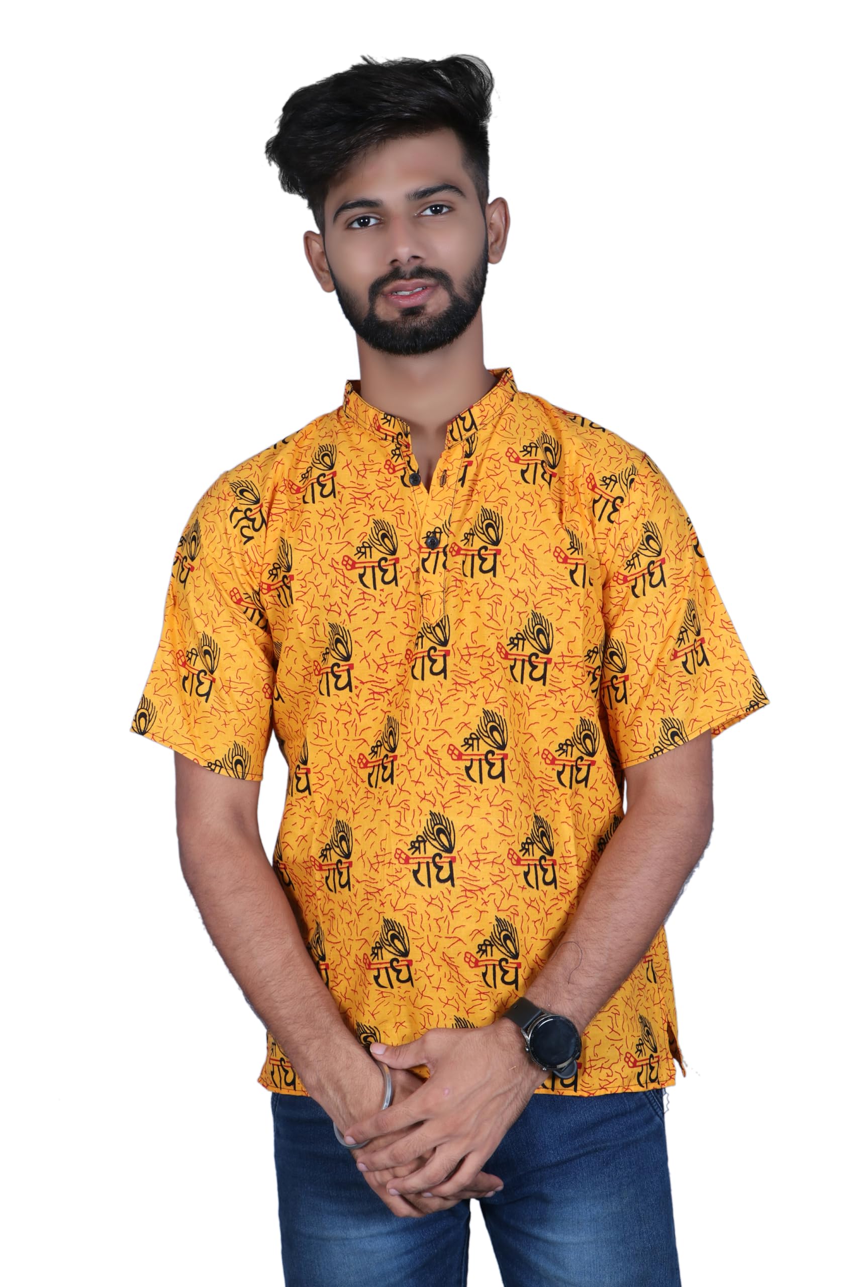 niak Shree Radhe Design Half Sleeve Cotton Kurta for Mens and Boys-picture-18