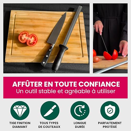 Elyrona - Fusil a aiguiser diamant professionnel 25 cm - aiguiseur couteaux pro - affuteur de couteaux plus efficace que pierre a aiguiser - fusil diamant compatible tous couteaux de cuisine - 5