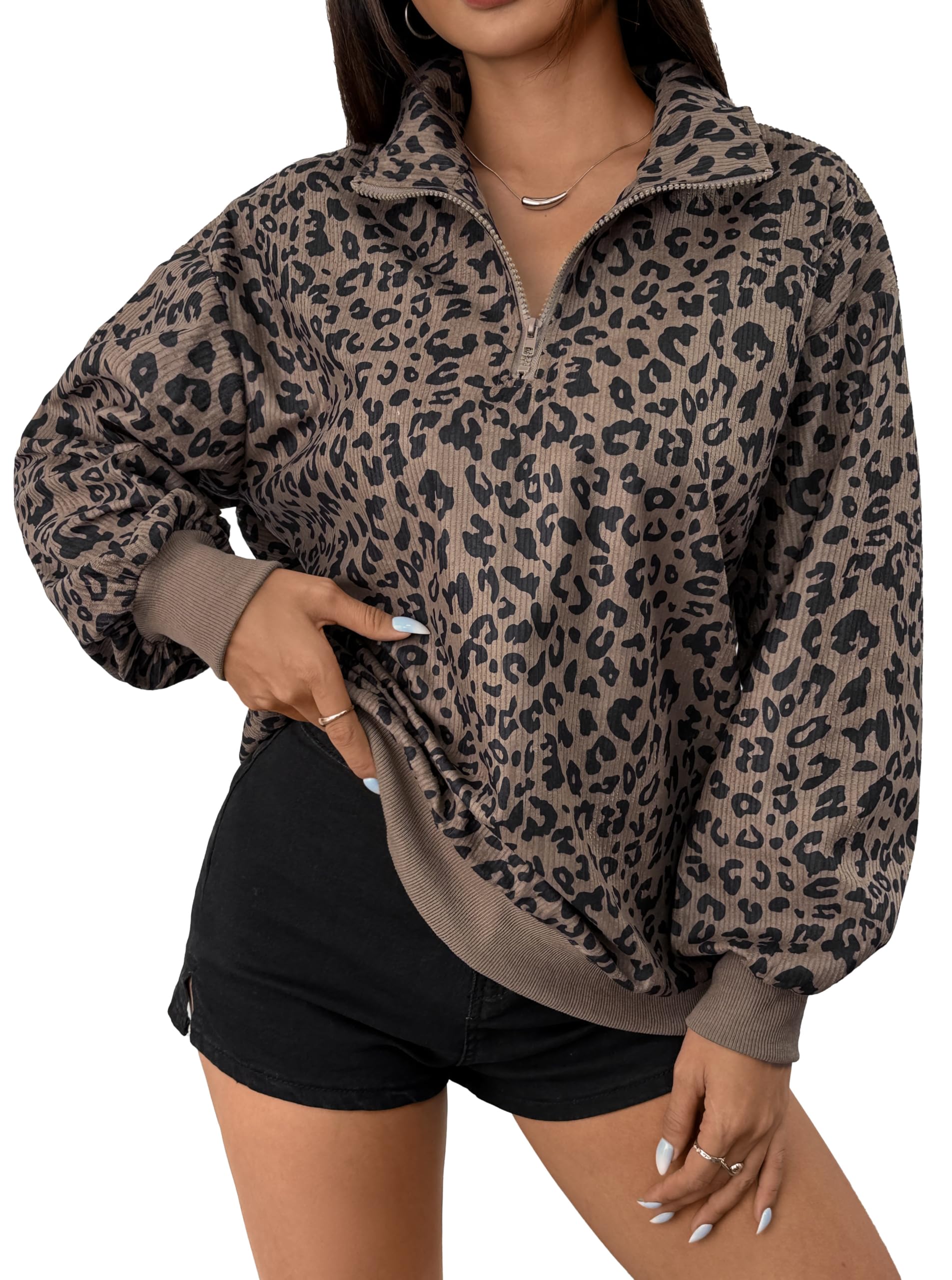 Hilinker Damen-Sweatshirt mit Gepardenmuster, Übergröße, halber Reißverschluss, Cord, langärmelig